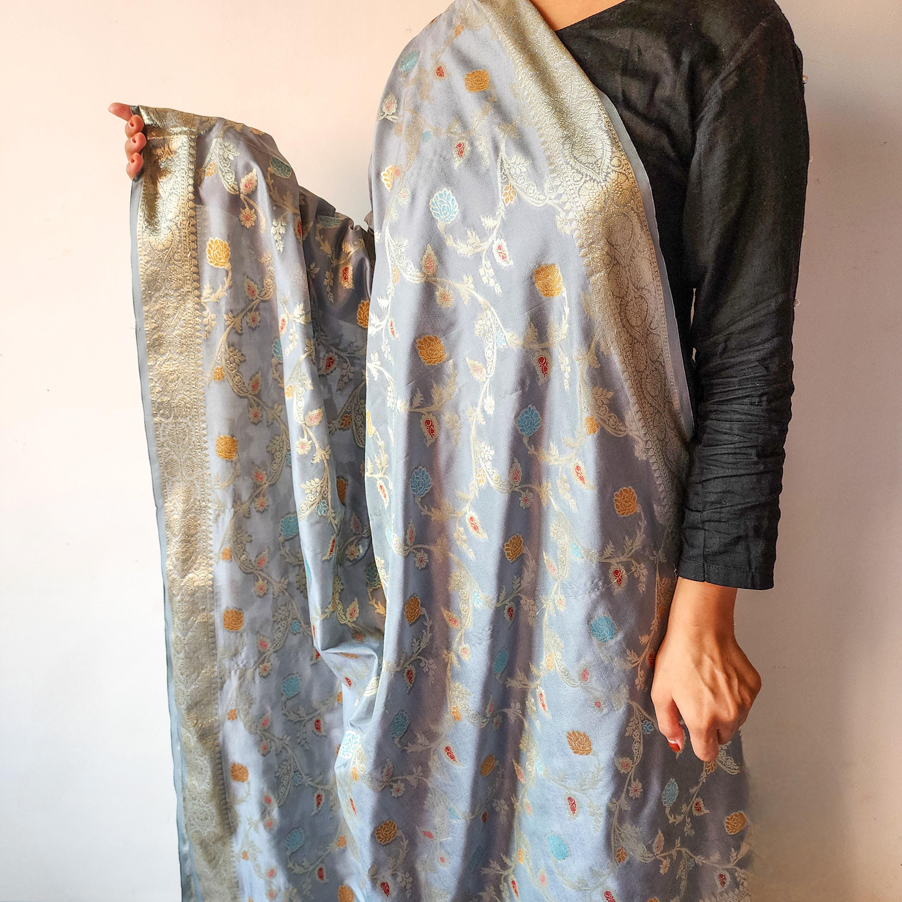 Greyish Sky Blue Banarasi Silk Dupatta with Gold Zari Border & Multicolor Meenakari Work
