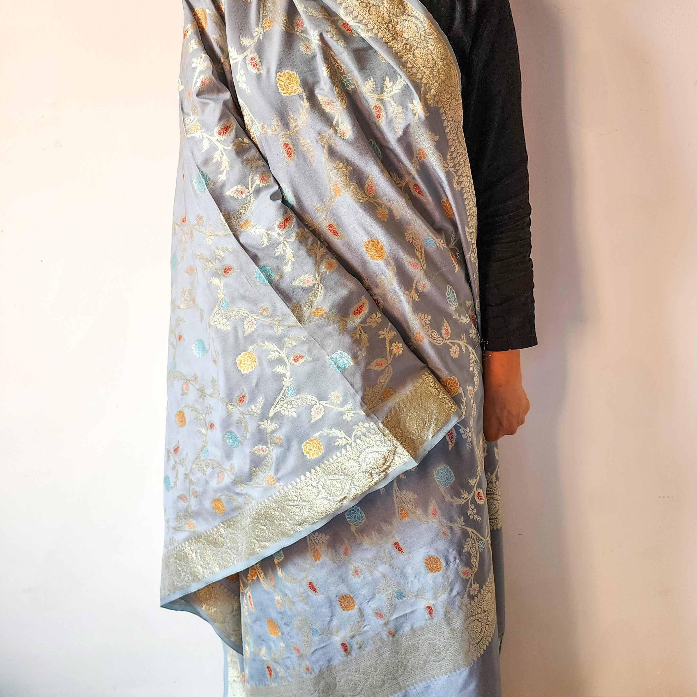Greyish Sky Blue Banarasi Silk Dupatta with Gold Zari Border & Multicolor Meenakari Work