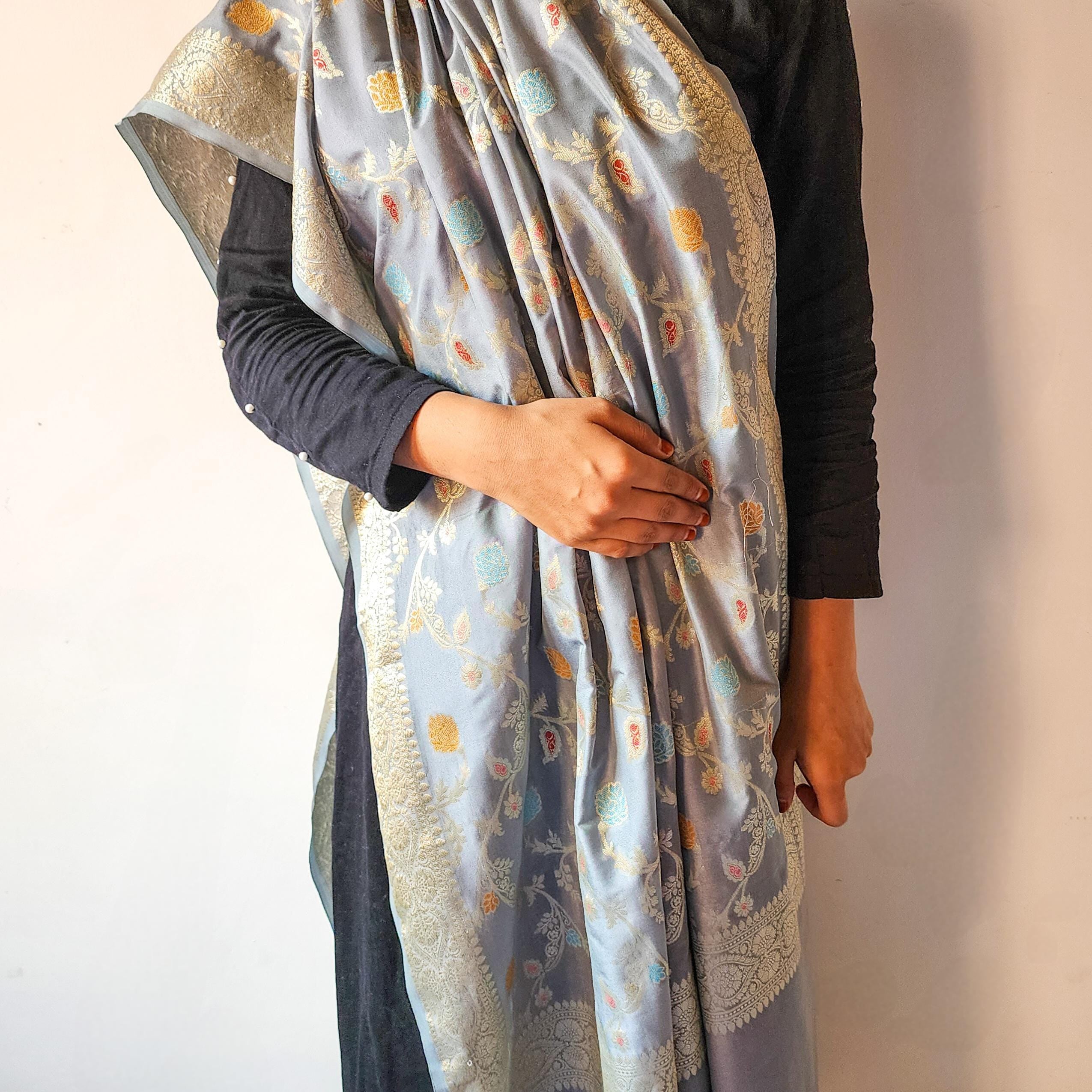 Greyish Sky Blue Banarasi Silk Dupatta with Gold Zari Border & Multicolor Meenakari Work