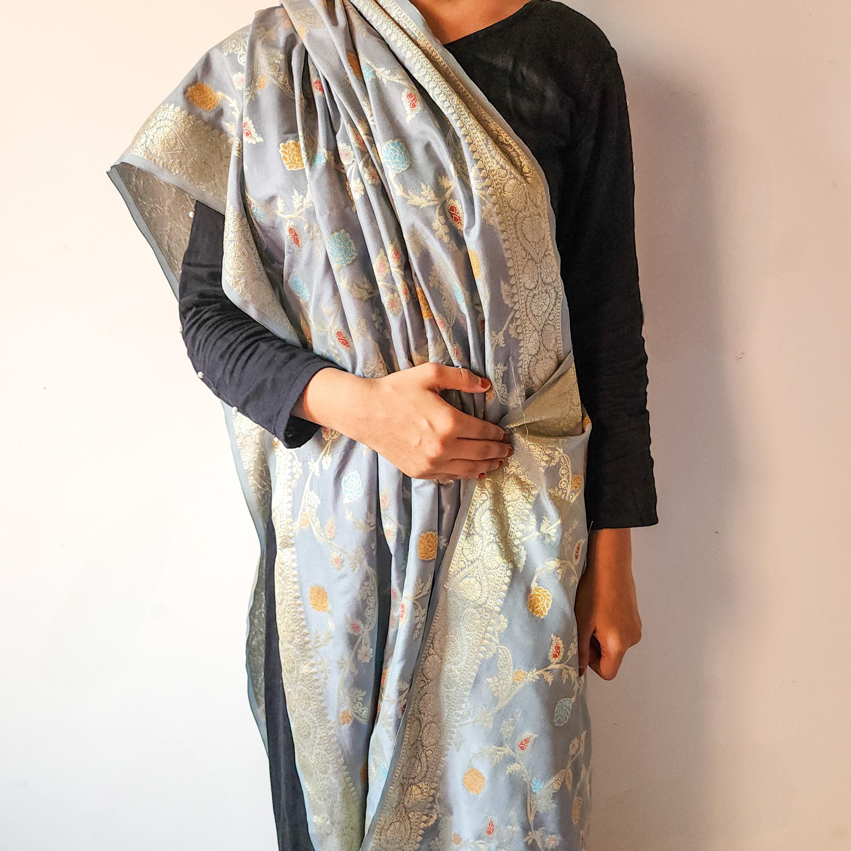 Greyish Sky Blue Banarasi Silk Dupatta with Gold Zari Border & Multicolor Meenakari Work