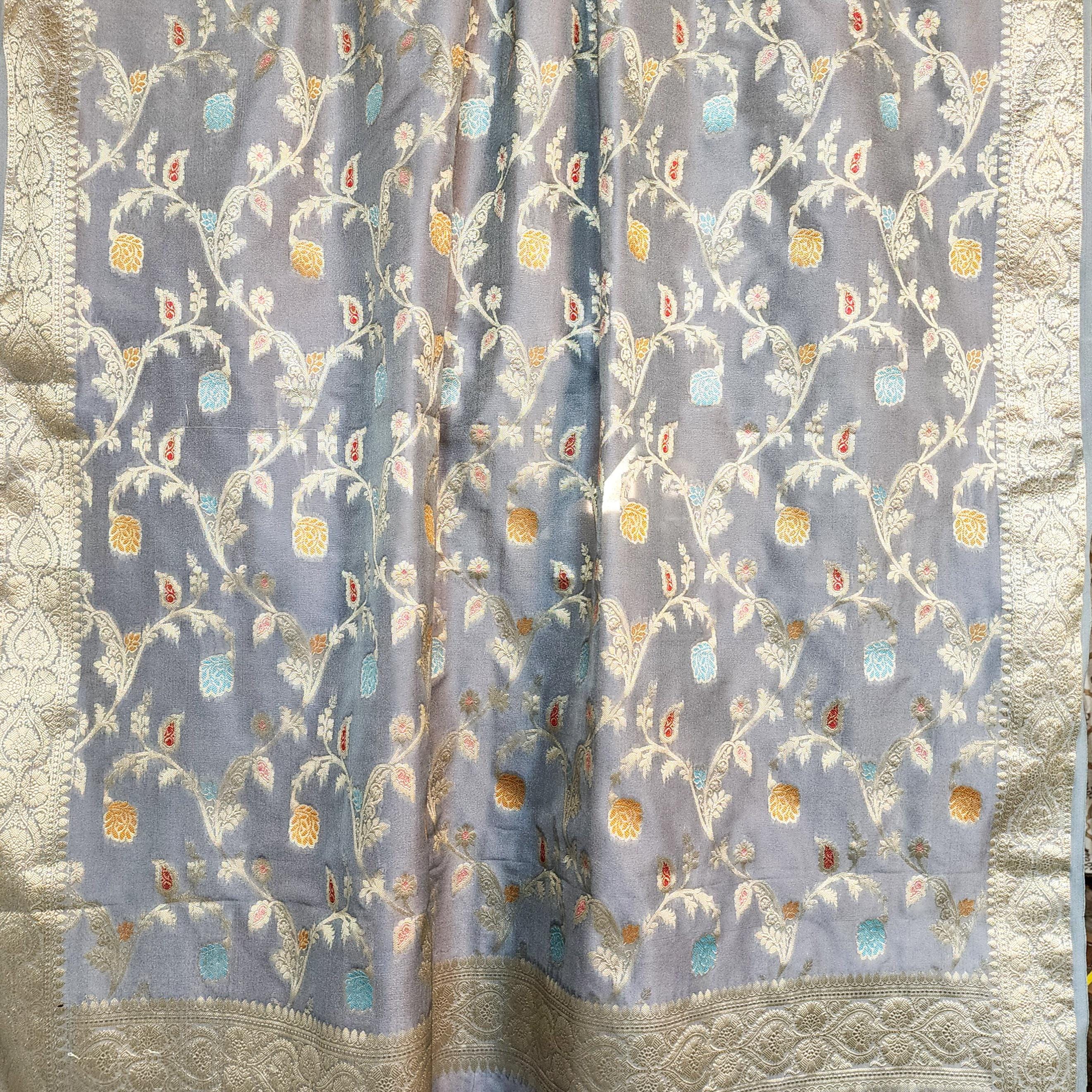 Greyish Sky Blue Banarasi Silk Dupatta with Gold Zari Border & Multicolor Meenakari Work