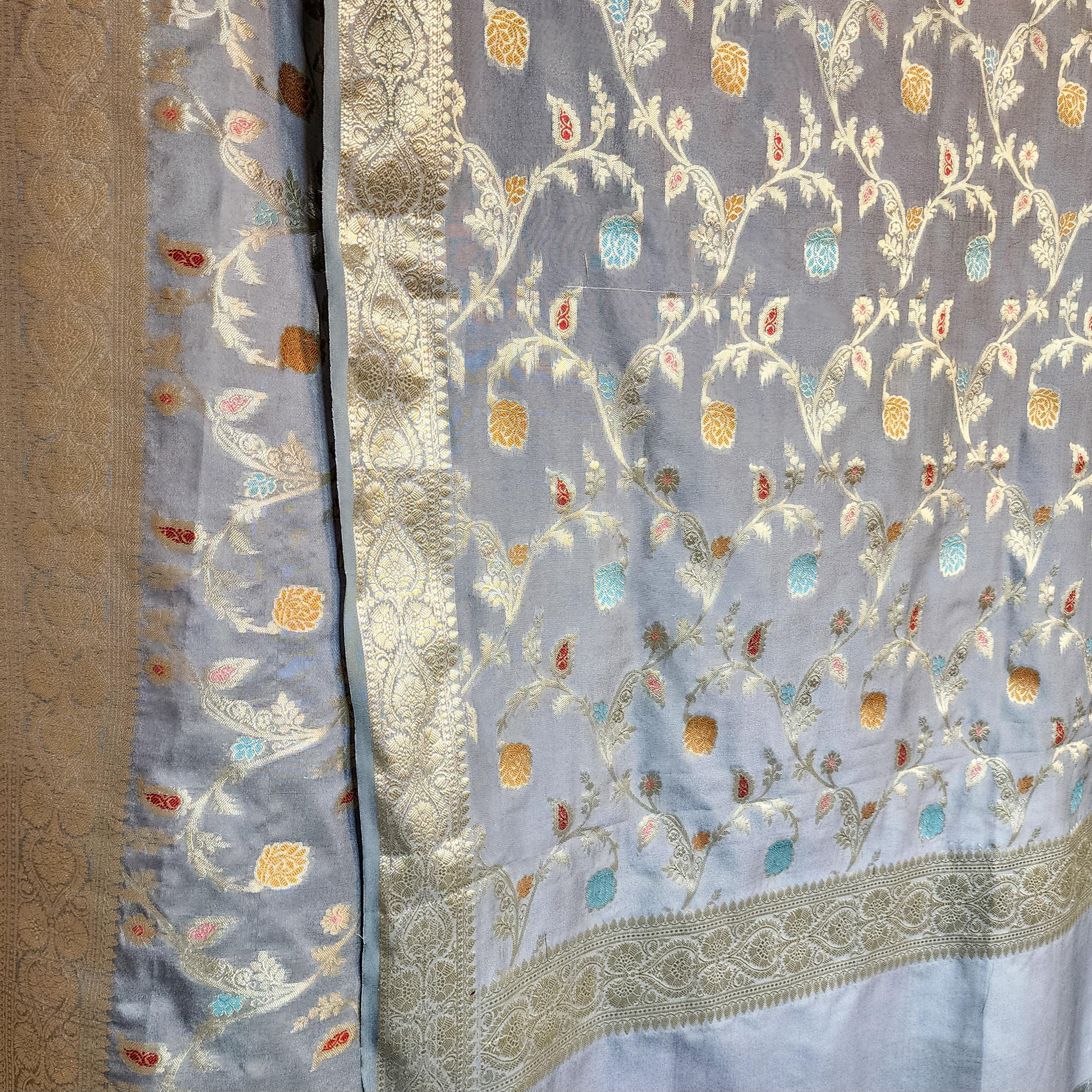 Greyish Sky Blue Banarasi Silk Dupatta with Gold Zari Border & Multicolor Meenakari Work