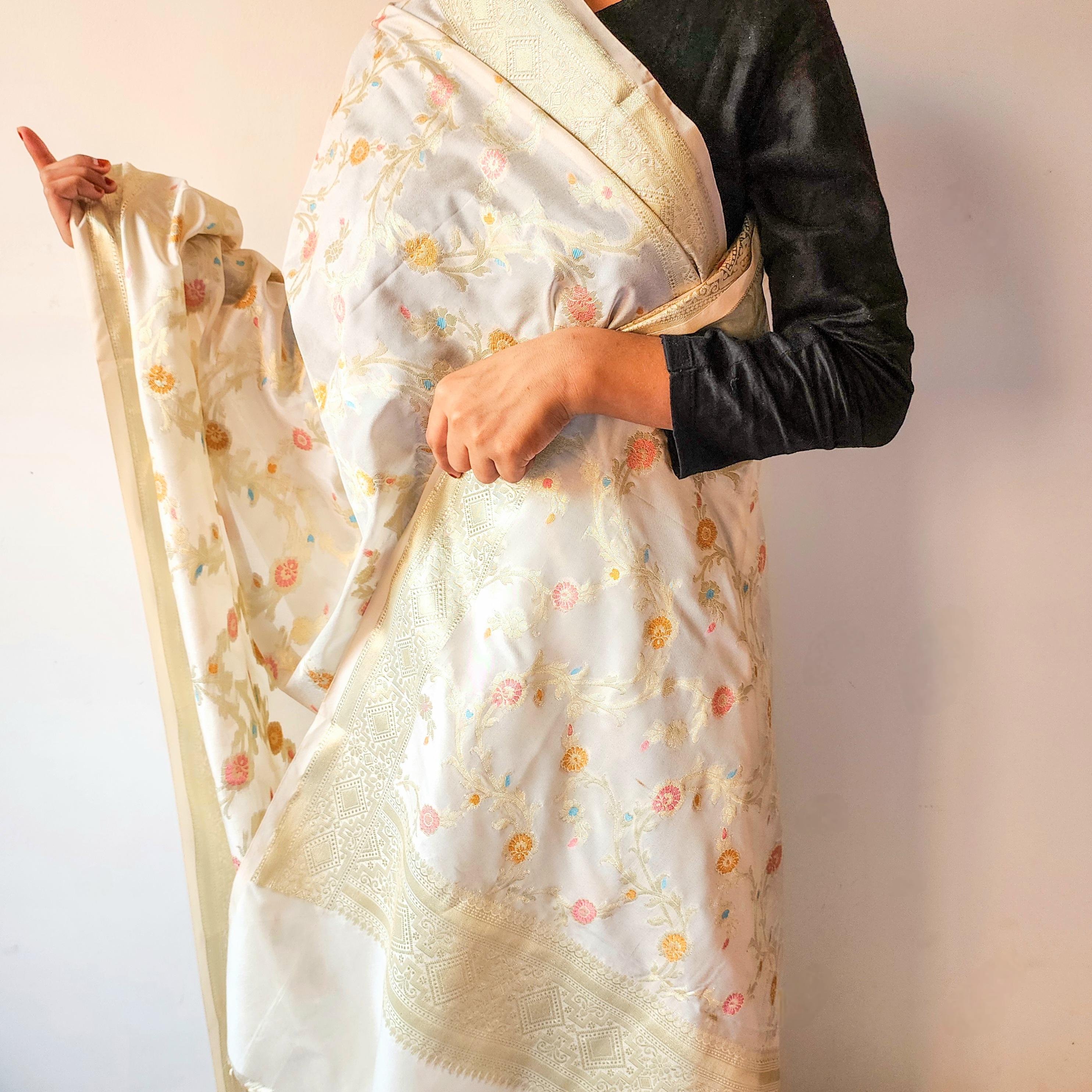 Cream Banarasi Silk Dupatta with Rich Gold Zari Border and Multicolor Meenakari