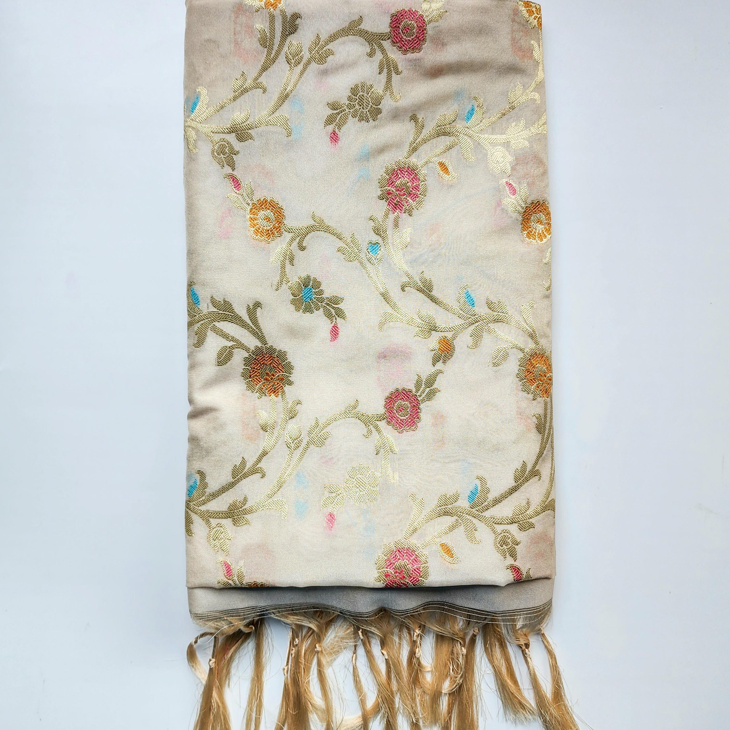 Cream Banarasi Silk Dupatta with Rich Gold Zari Border and Multicolor Meenakari