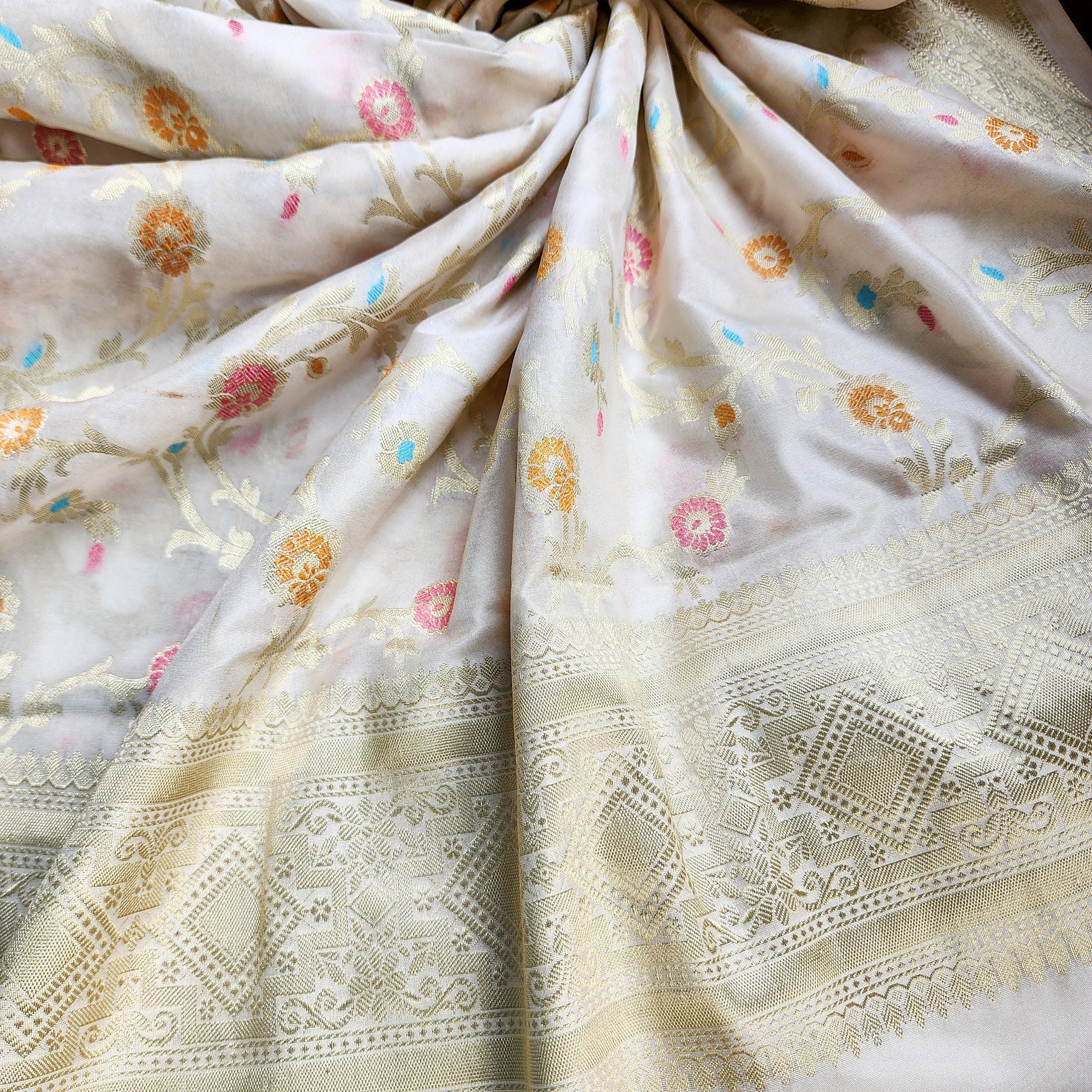 Cream Banarasi Silk Dupatta with Rich Gold Zari Border and Multicolor Meenakari