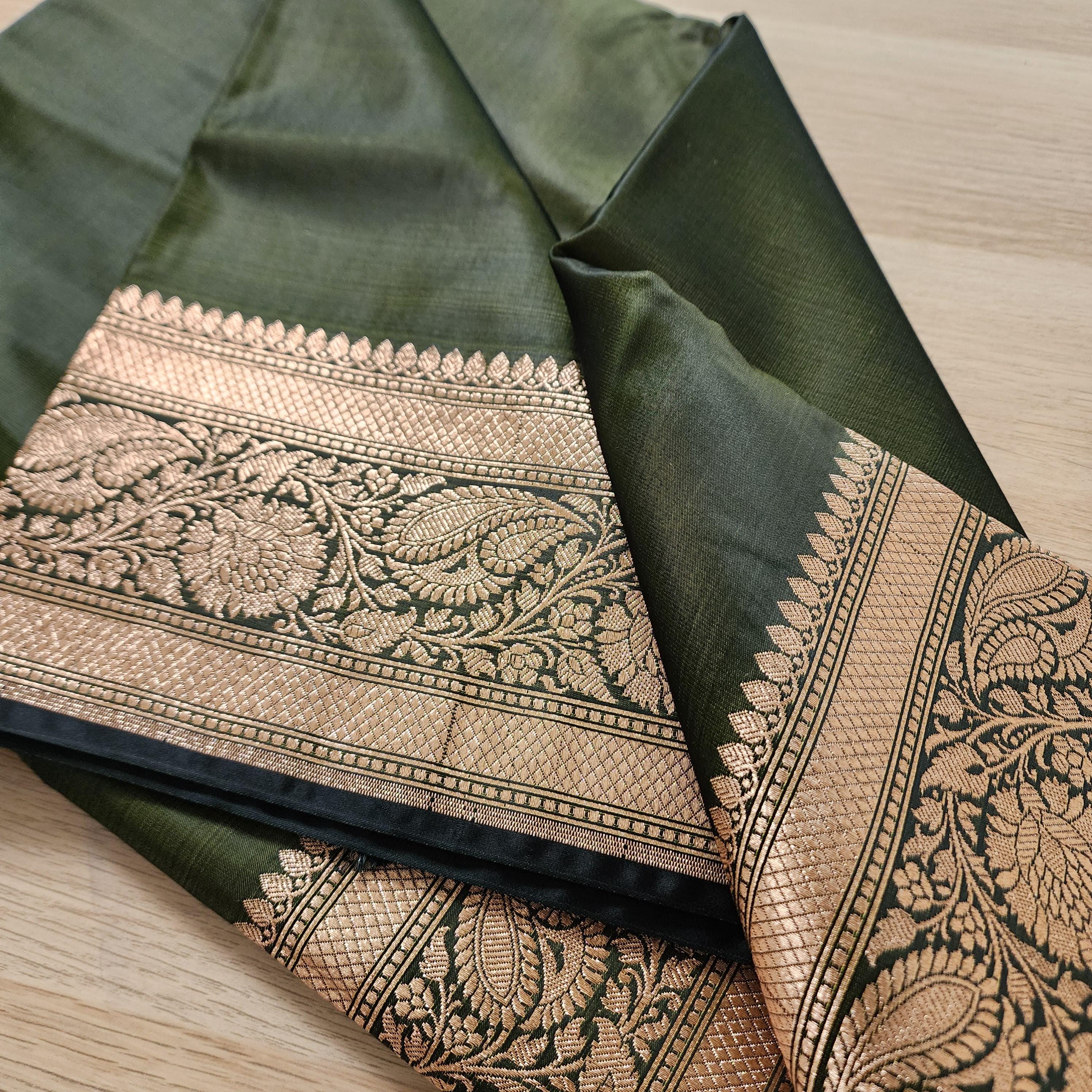 Rich Mehendi Green Pure Banarasi Katan Silk Saree with light Gold Zari Weaving