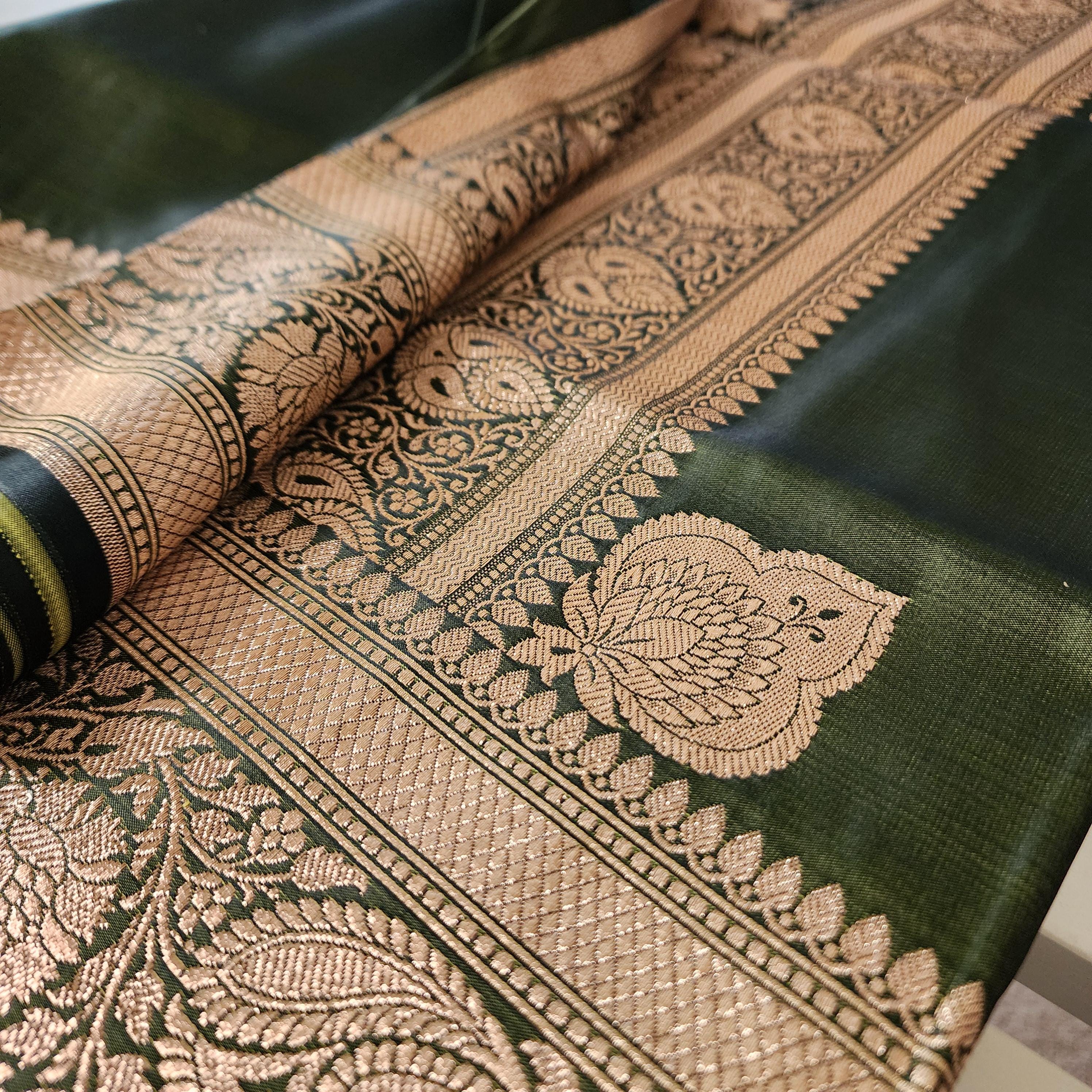 Rich Mehendi Green Pure Banarasi Katan Silk Saree with light Gold Zari Weaving