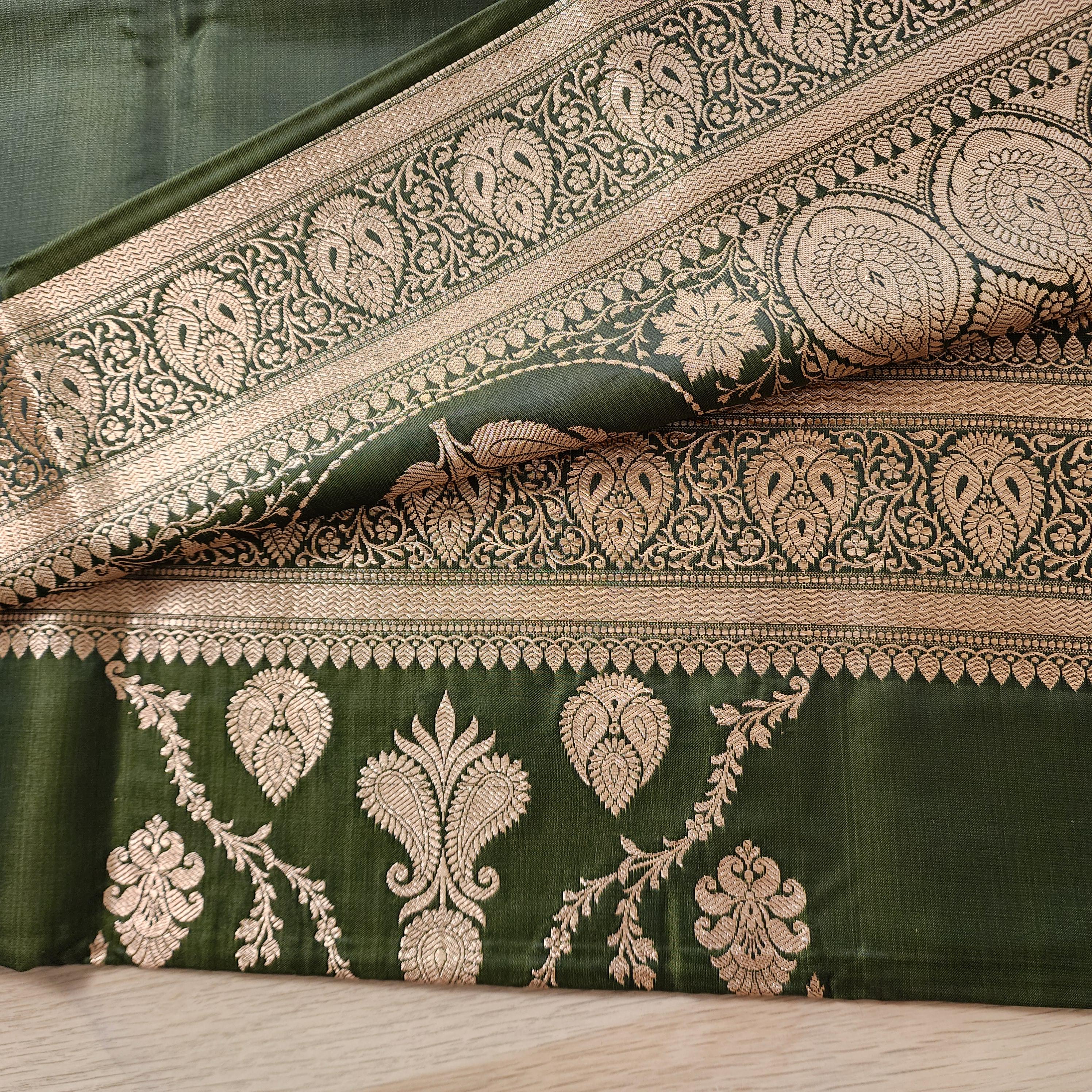 Rich Mehendi Green Pure Banarasi Katan Silk Saree with light Gold Zari Weaving
