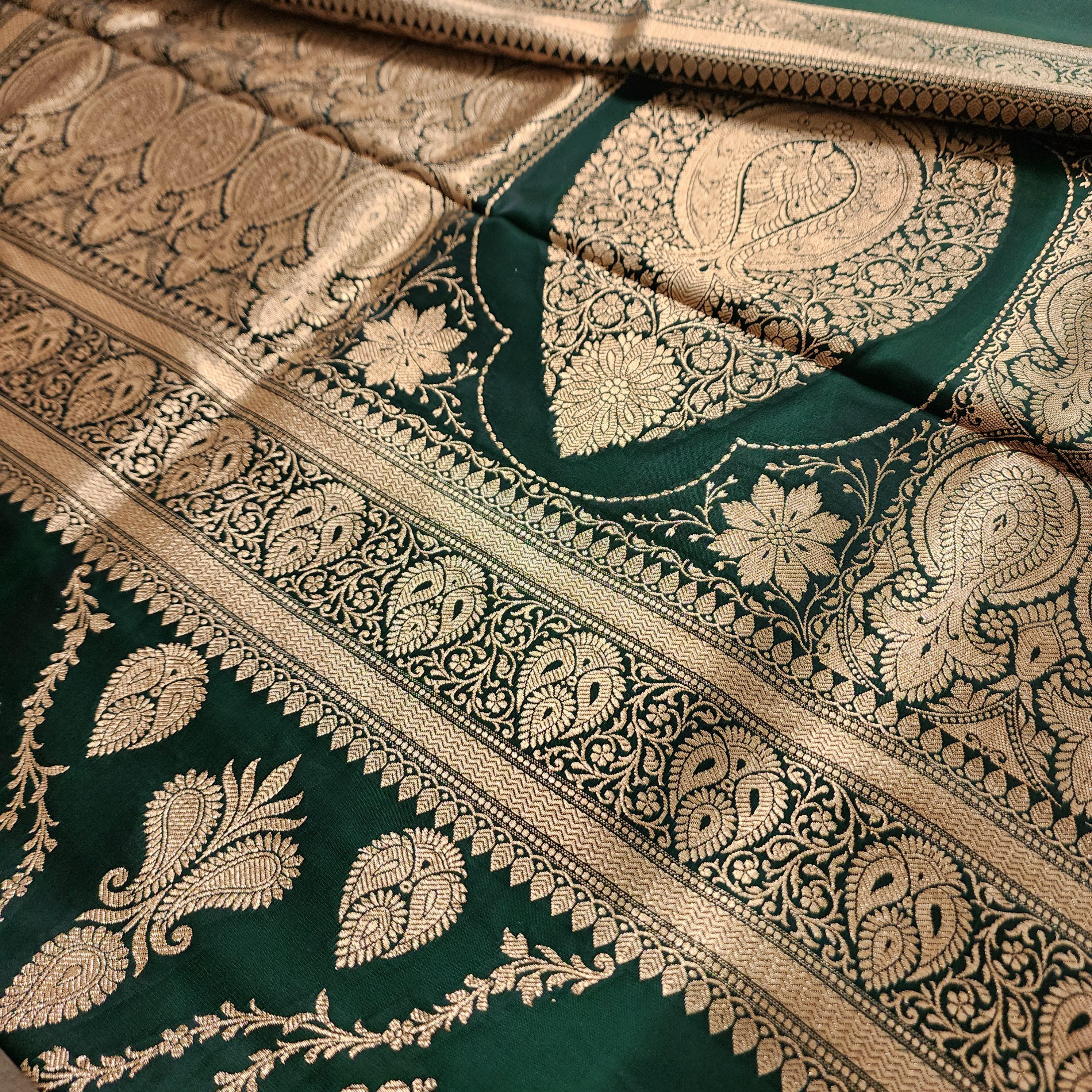 Rich Bottle Green Pure Banarasi Katan Silk Saree with light Gold Zari Weaving