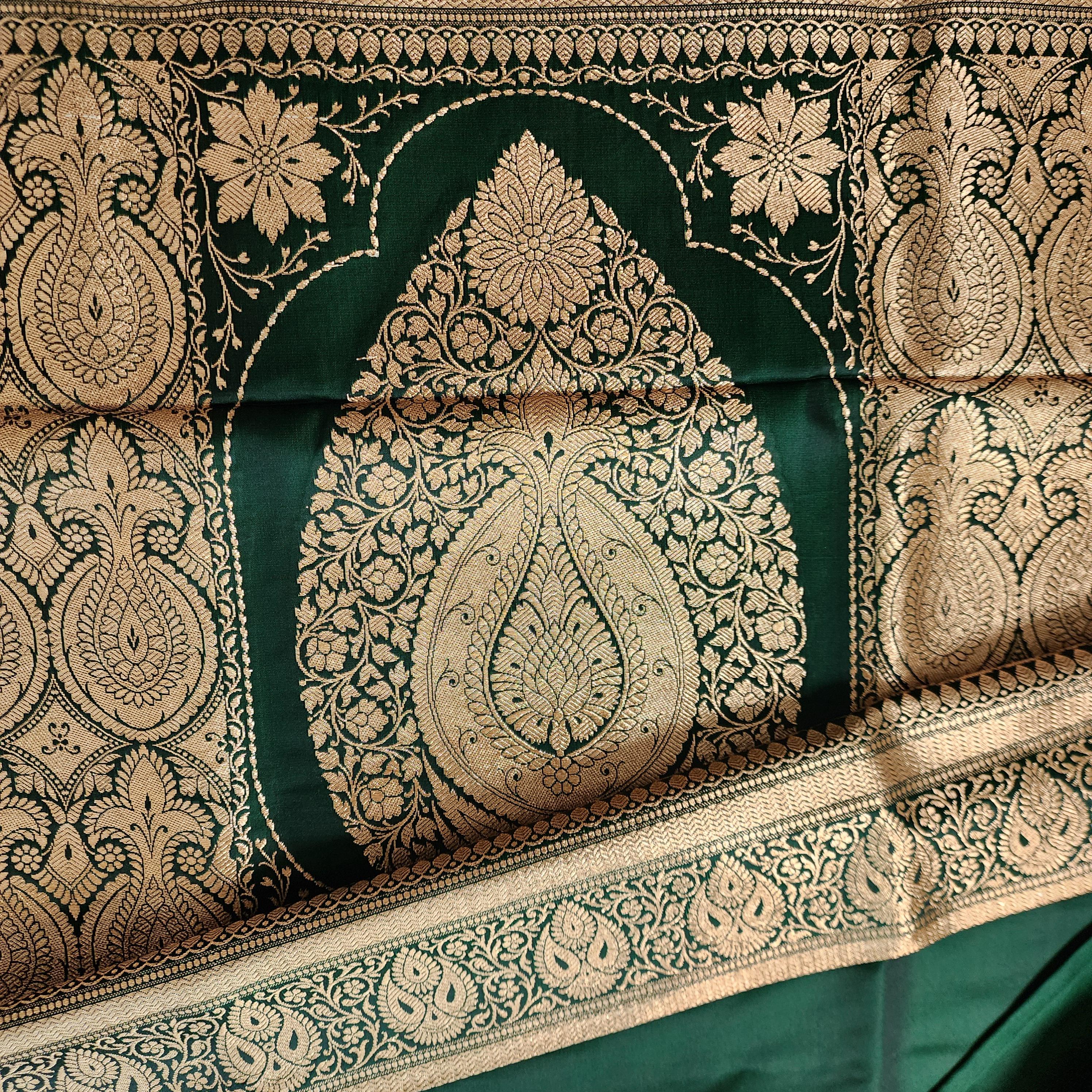 Rich Bottle Green Pure Banarasi Katan Silk Saree with light Gold Zari Weaving