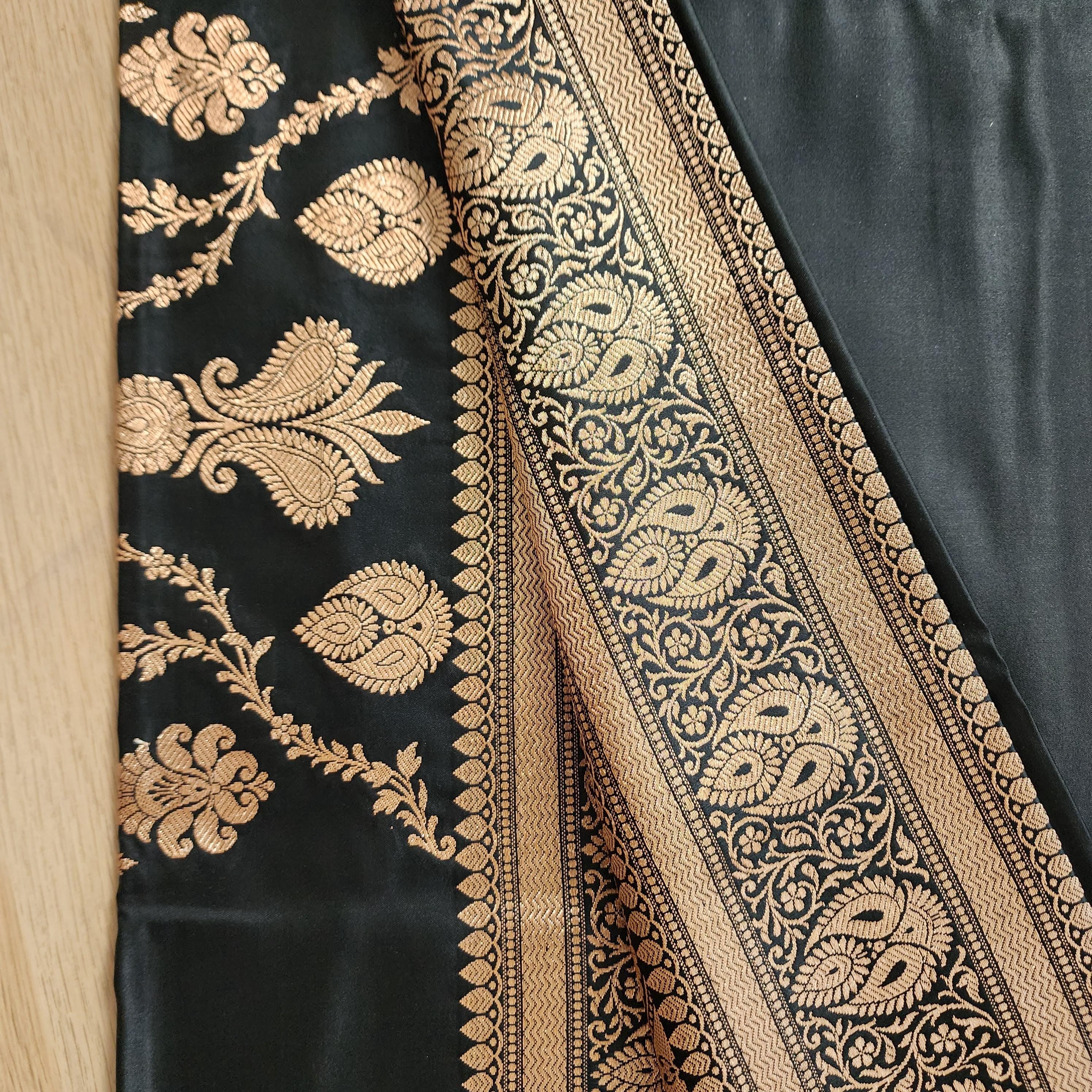 Rich Black Pure Banarasi Katan Silk Saree with light Gold Zari Weaving