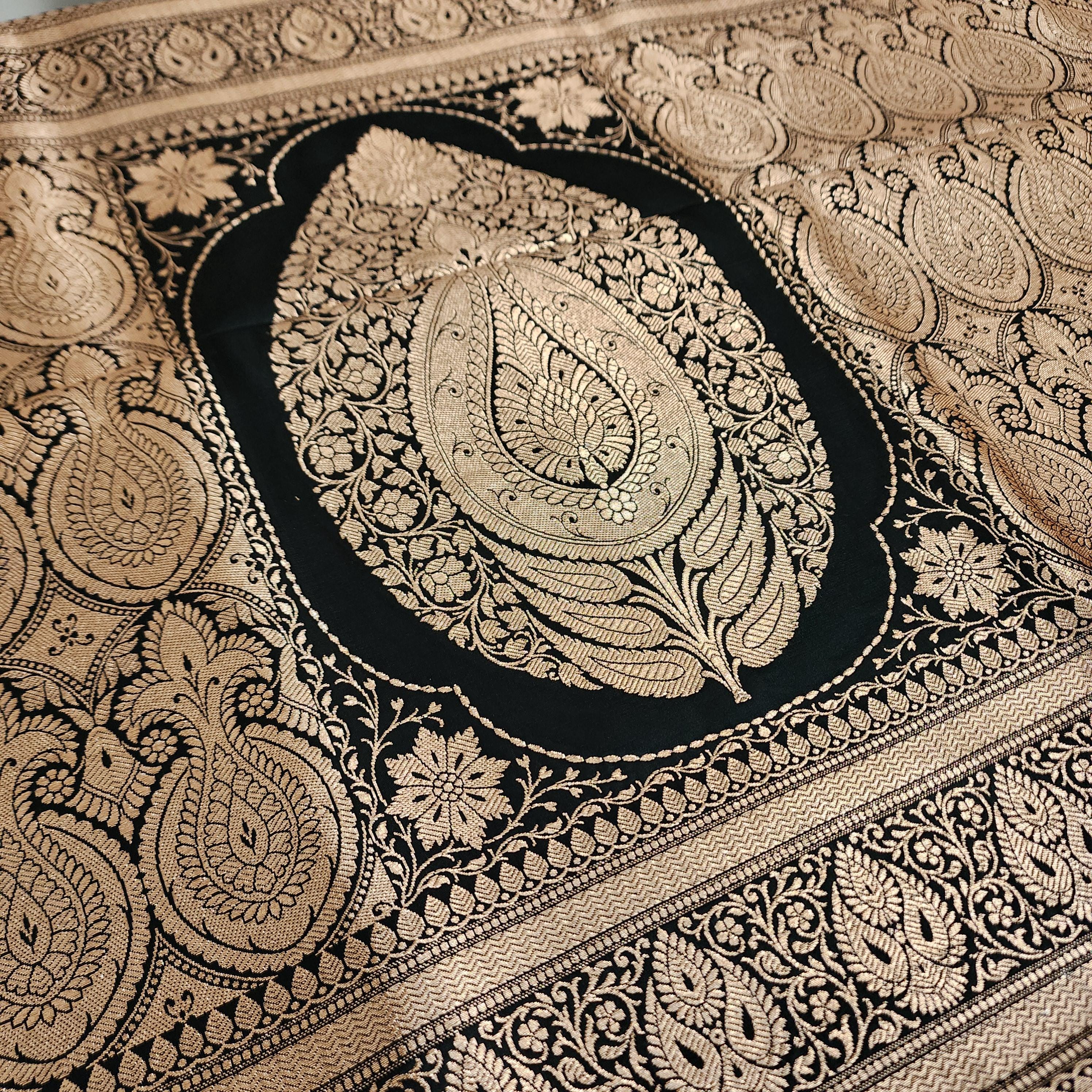 Rich Black Pure Banarasi Katan Silk Saree with light Gold Zari Weaving