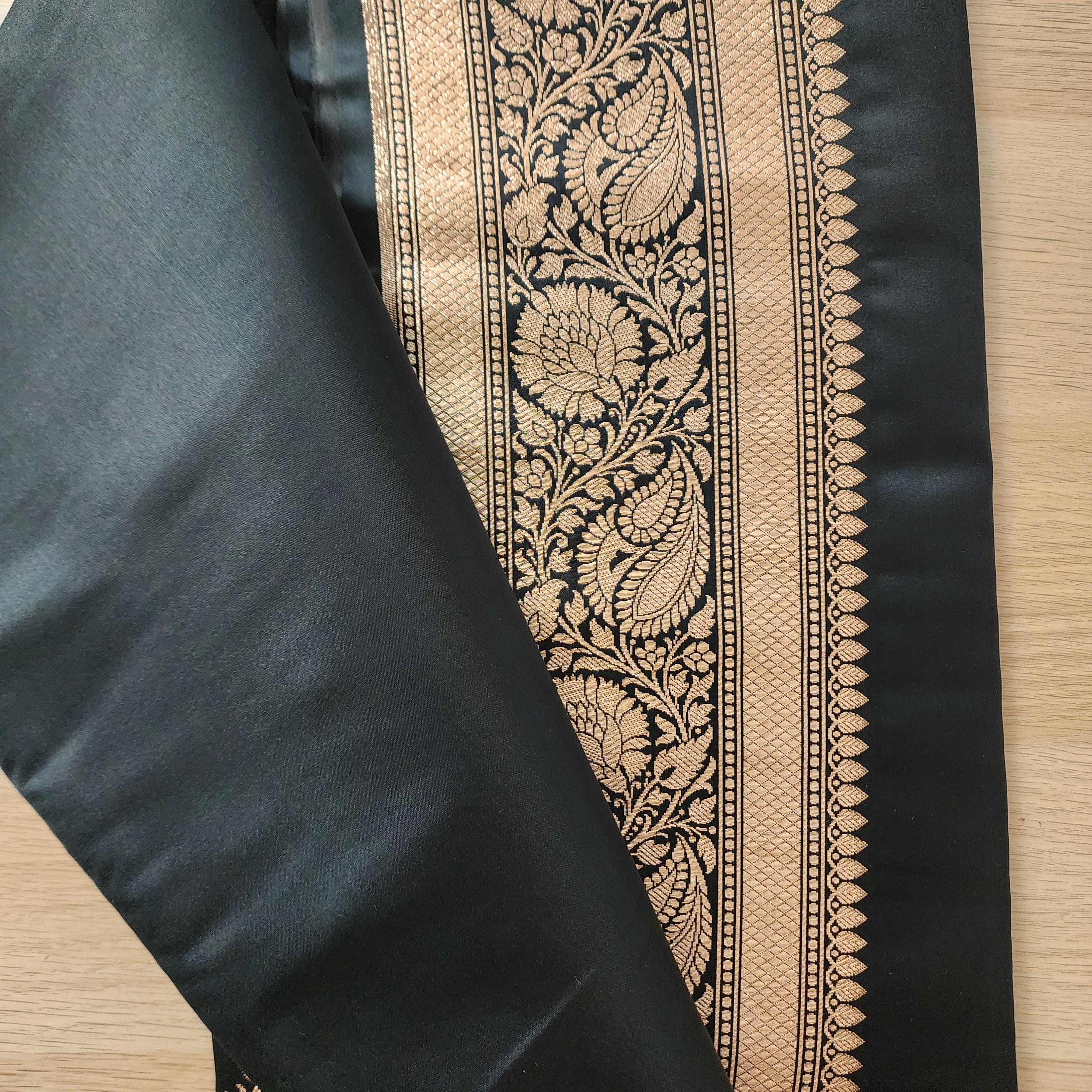 Rich Black Pure Banarasi Katan Silk Saree with light Gold Zari Weaving