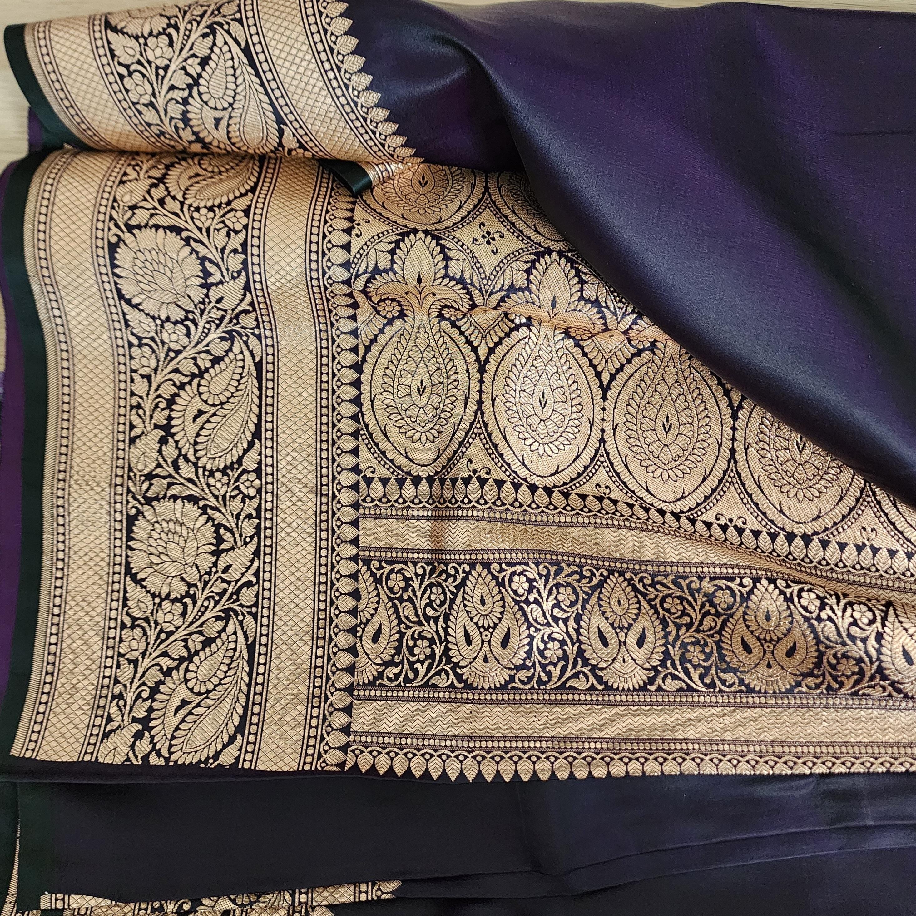 Rich Purple Pure Banarasi Katan Silk Saree with light Gold Zari Weaving