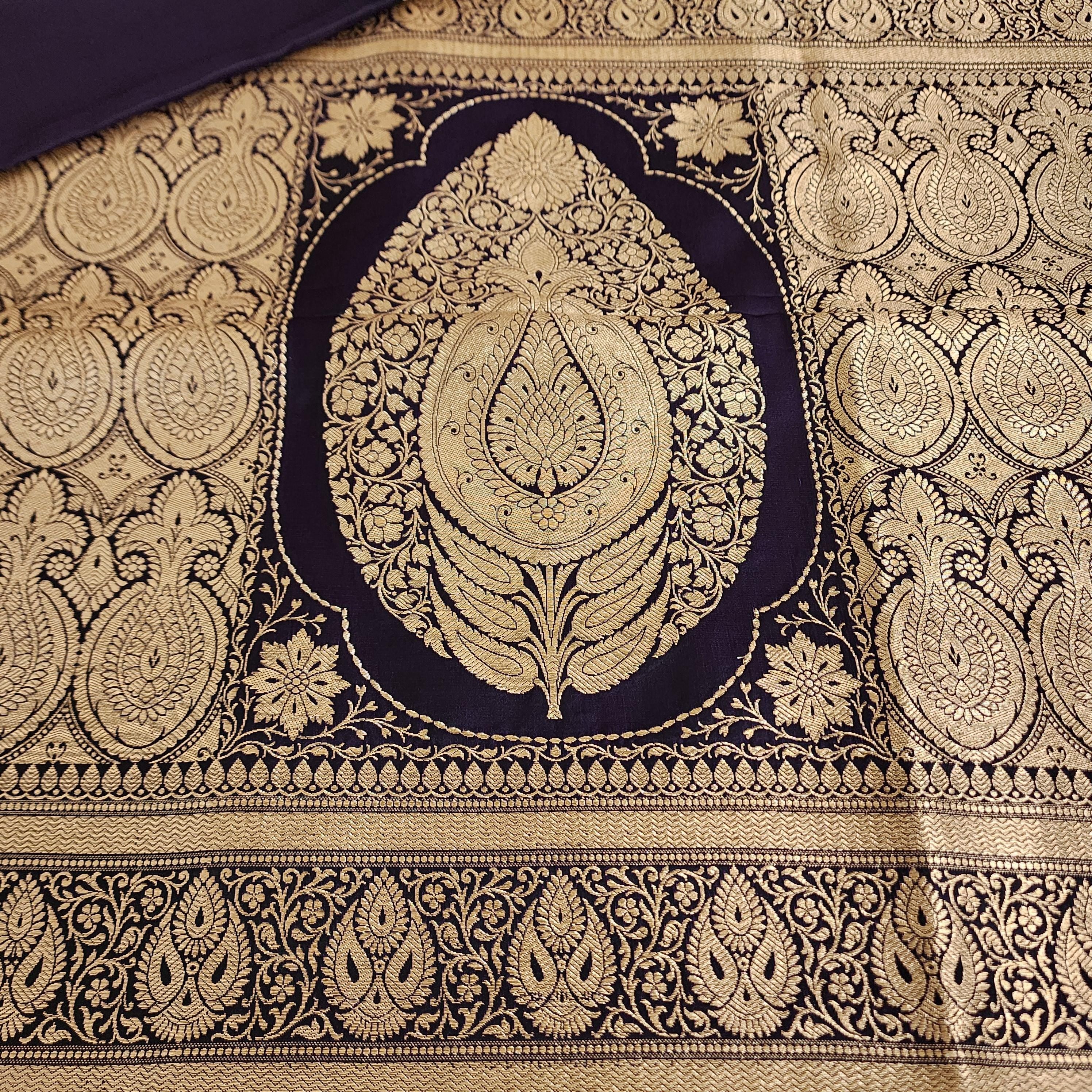 Rich Purple Pure Banarasi Katan Silk Saree with light Gold Zari Weaving