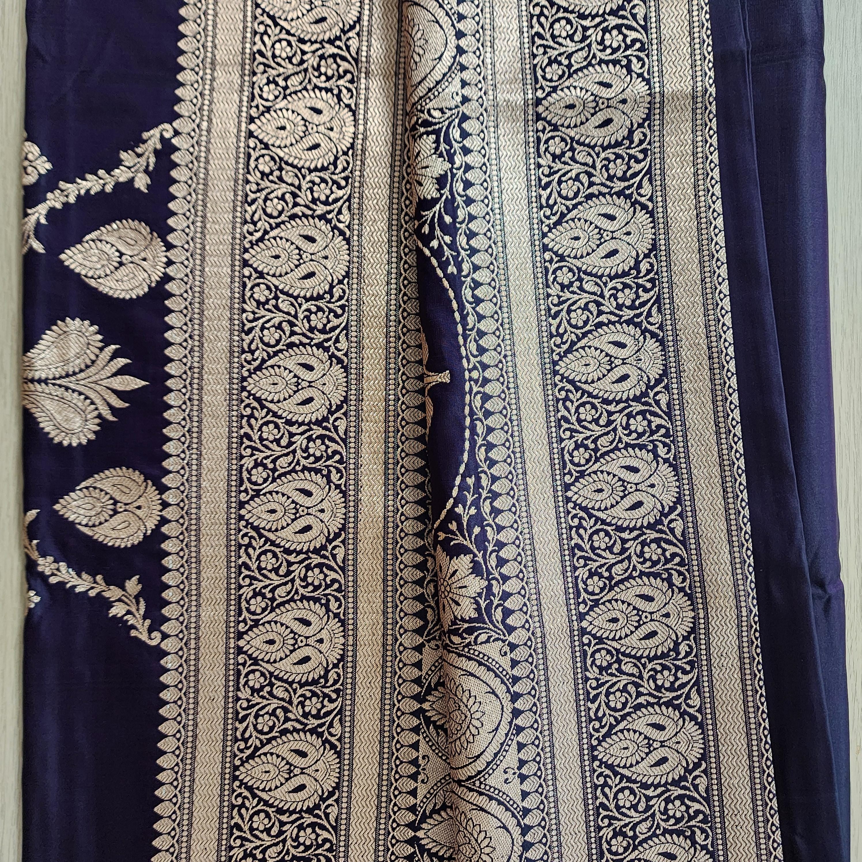 Rich Purple Pure Banarasi Katan Silk Saree with light Gold Zari Weaving