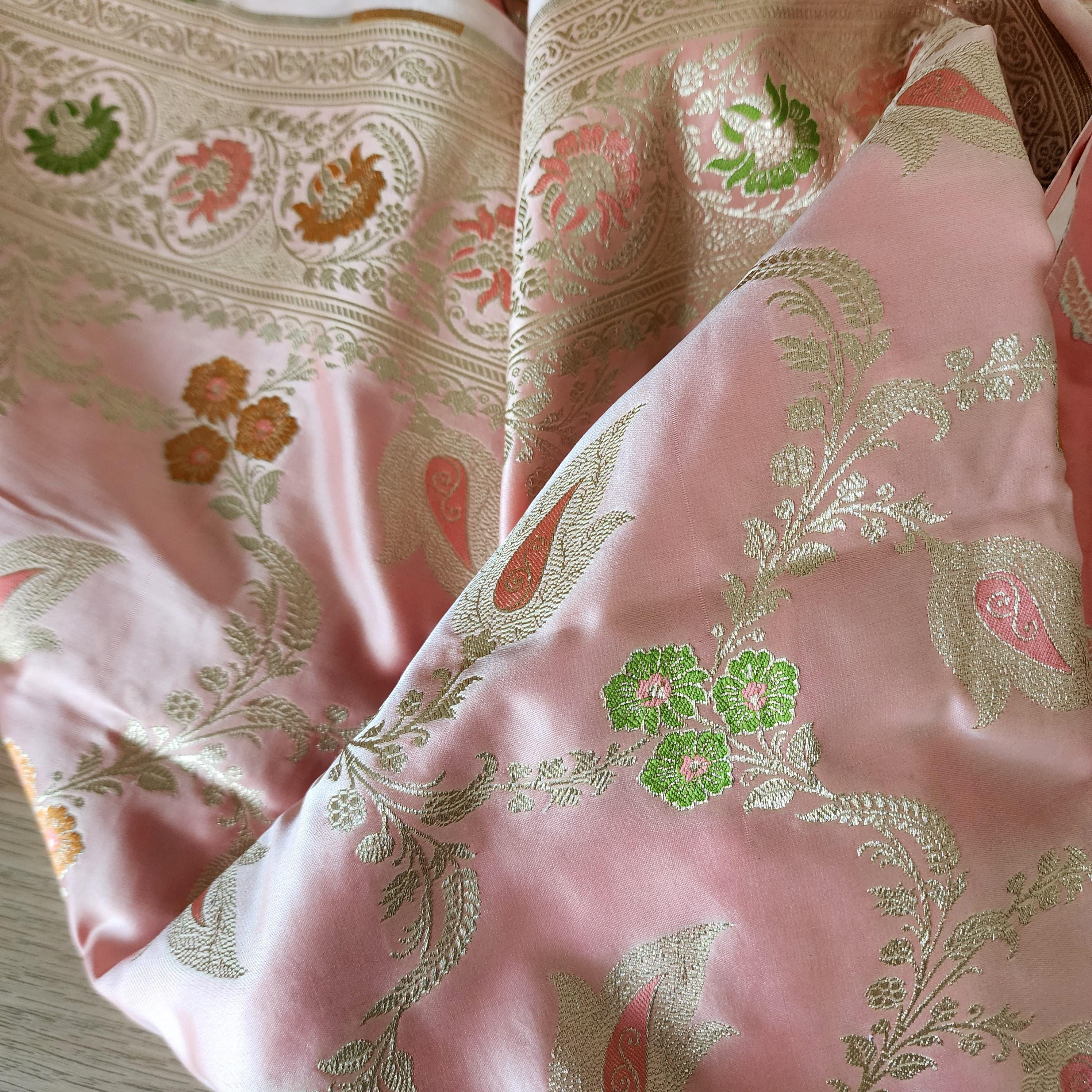 Enriched Blush Pink Banarasi Katan Silk Saree with Multicolor Meenakari Floral Jaal