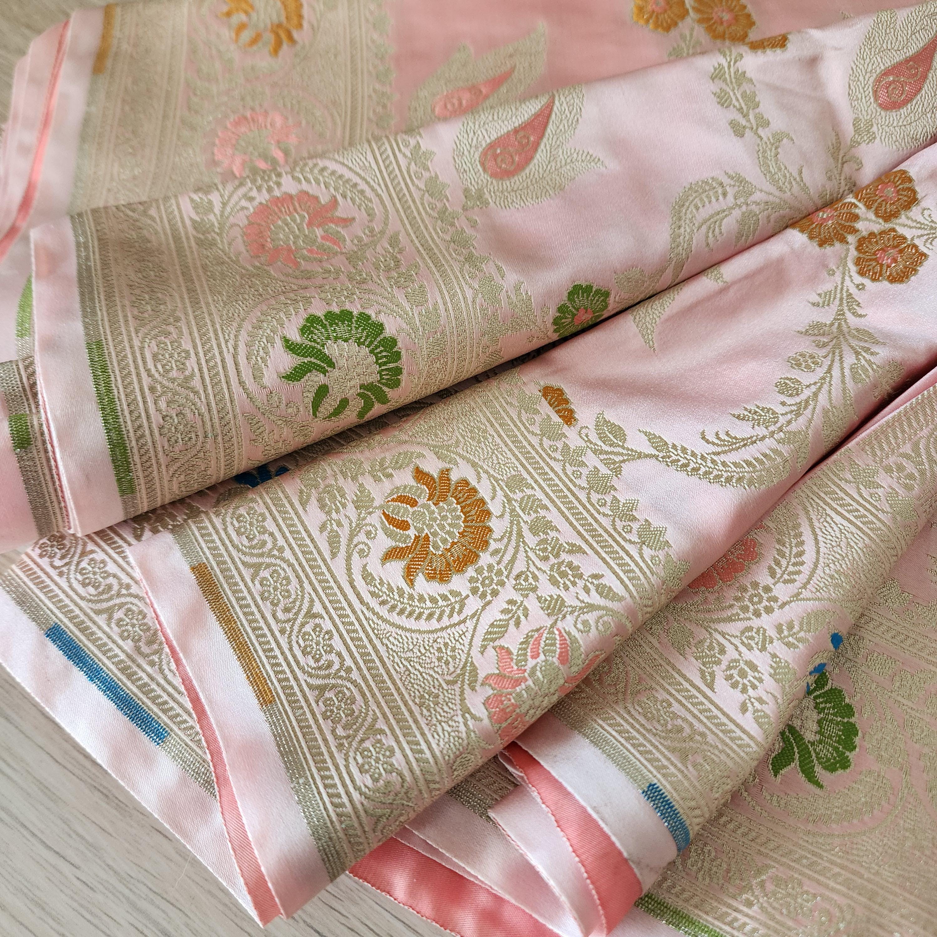 Enriched Blush Pink Banarasi Katan Silk Saree with Multicolor Meenakari Floral Jaal