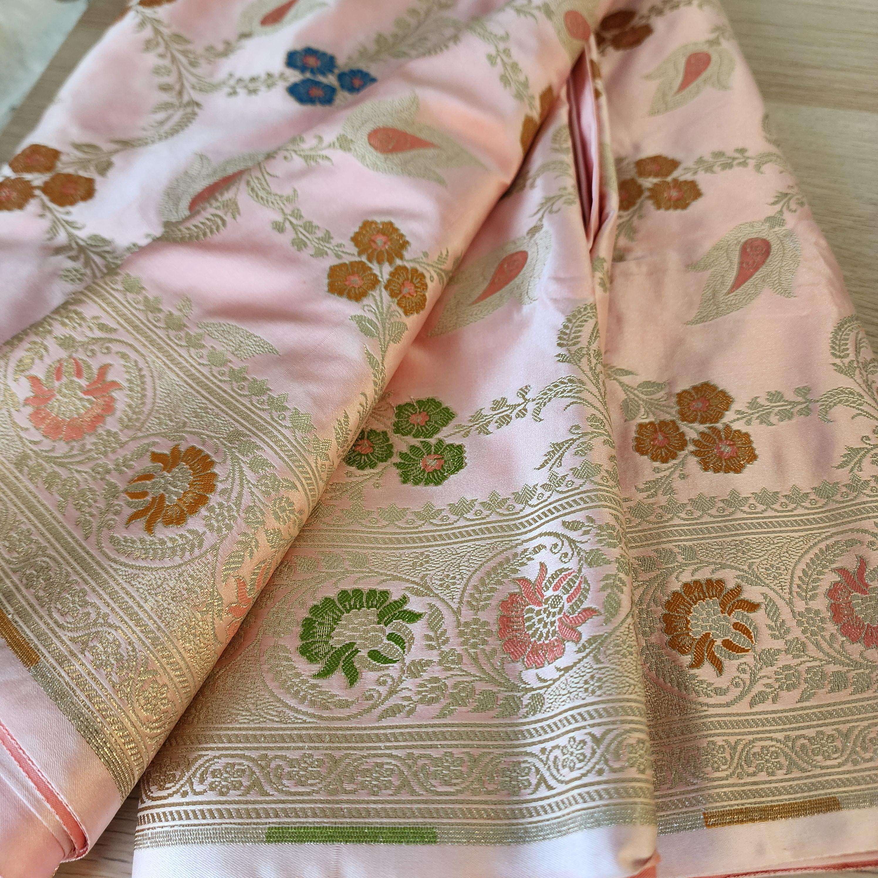 Royal Banarasi Katan Silk Saree | Blush Pink Multicolor Meenakari Floral Jaal