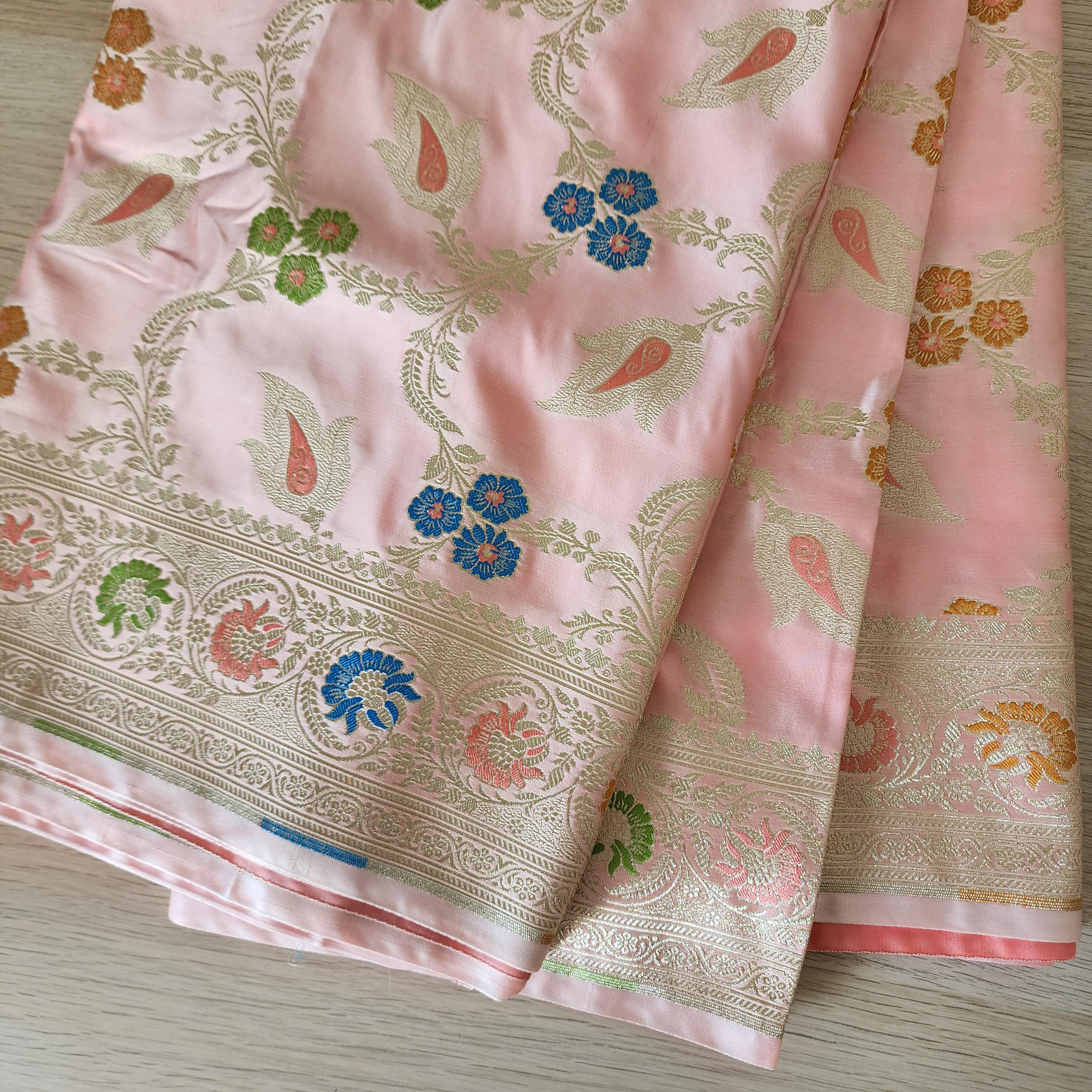 Enriched Blush Pink Banarasi Katan Silk Saree with Multicolor Meenakari Floral Jaal