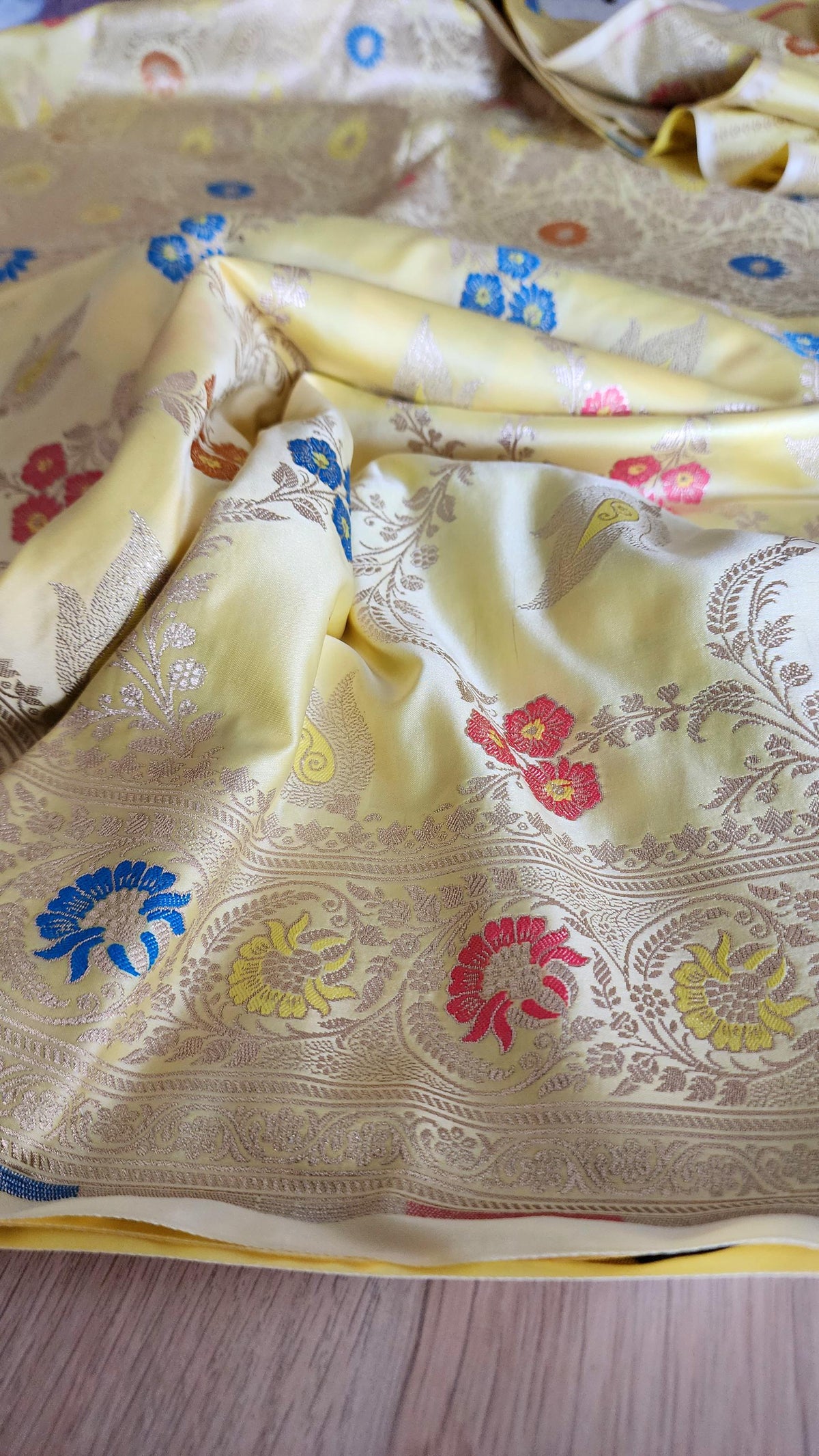 Enriched Butter Yellow Banarasi Katan Silk Saree with Multicolor Meenakari Floral Jaal