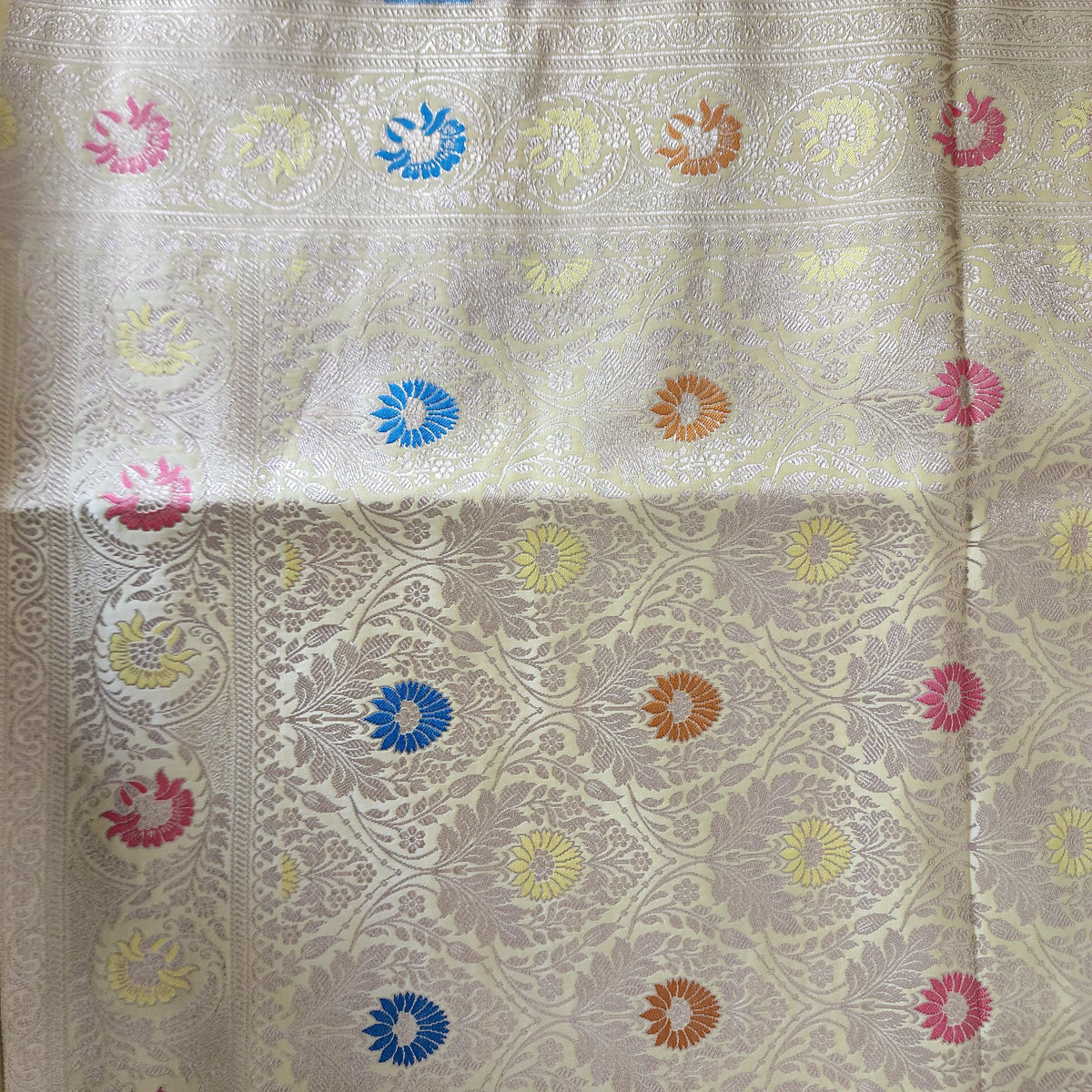 Enriched Butter Yellow Banarasi Katan Silk Saree with Multicolor Meenakari Floral Jaal
