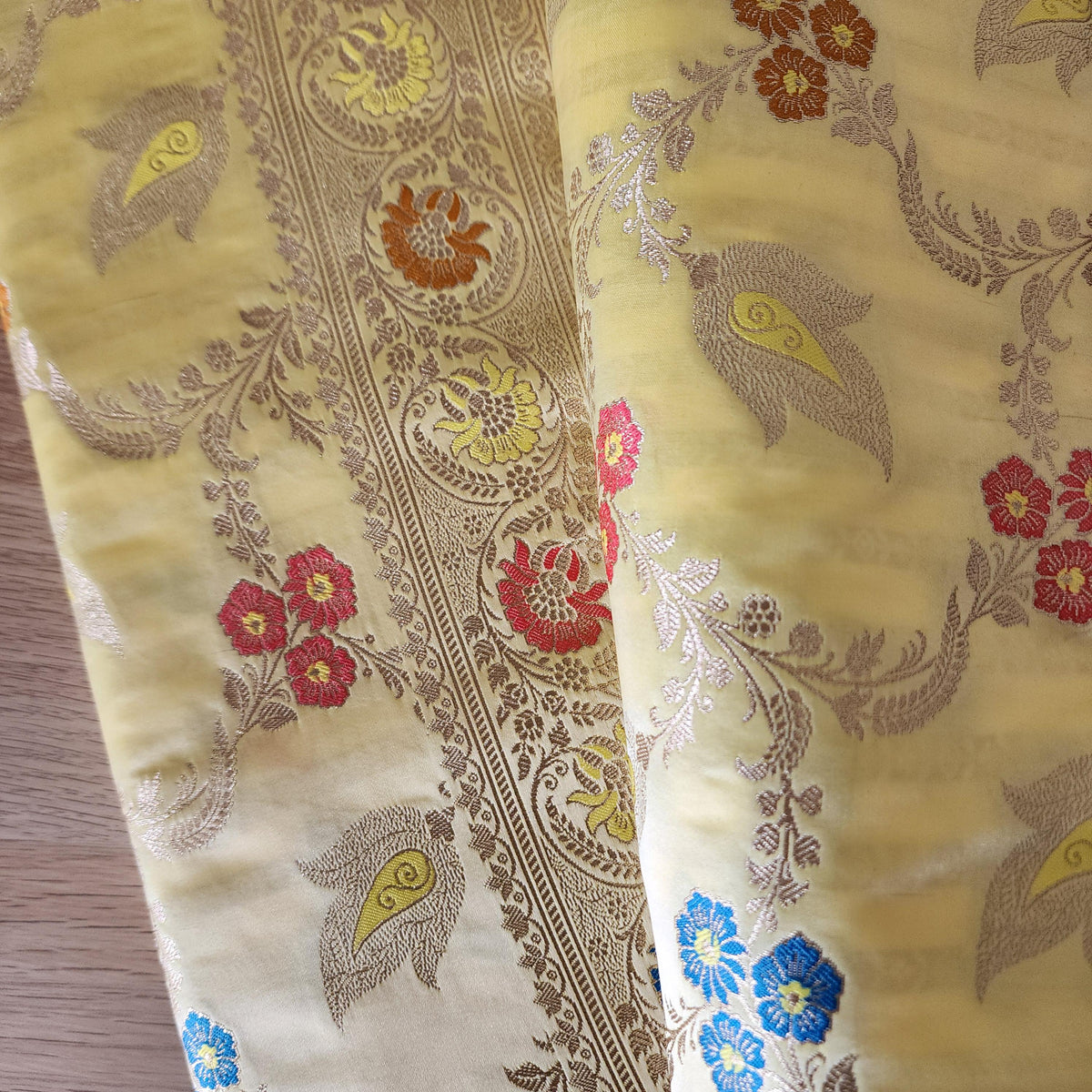 Enriched Butter Yellow Banarasi Katan Silk Saree with Multicolor Meenakari Floral Jaal