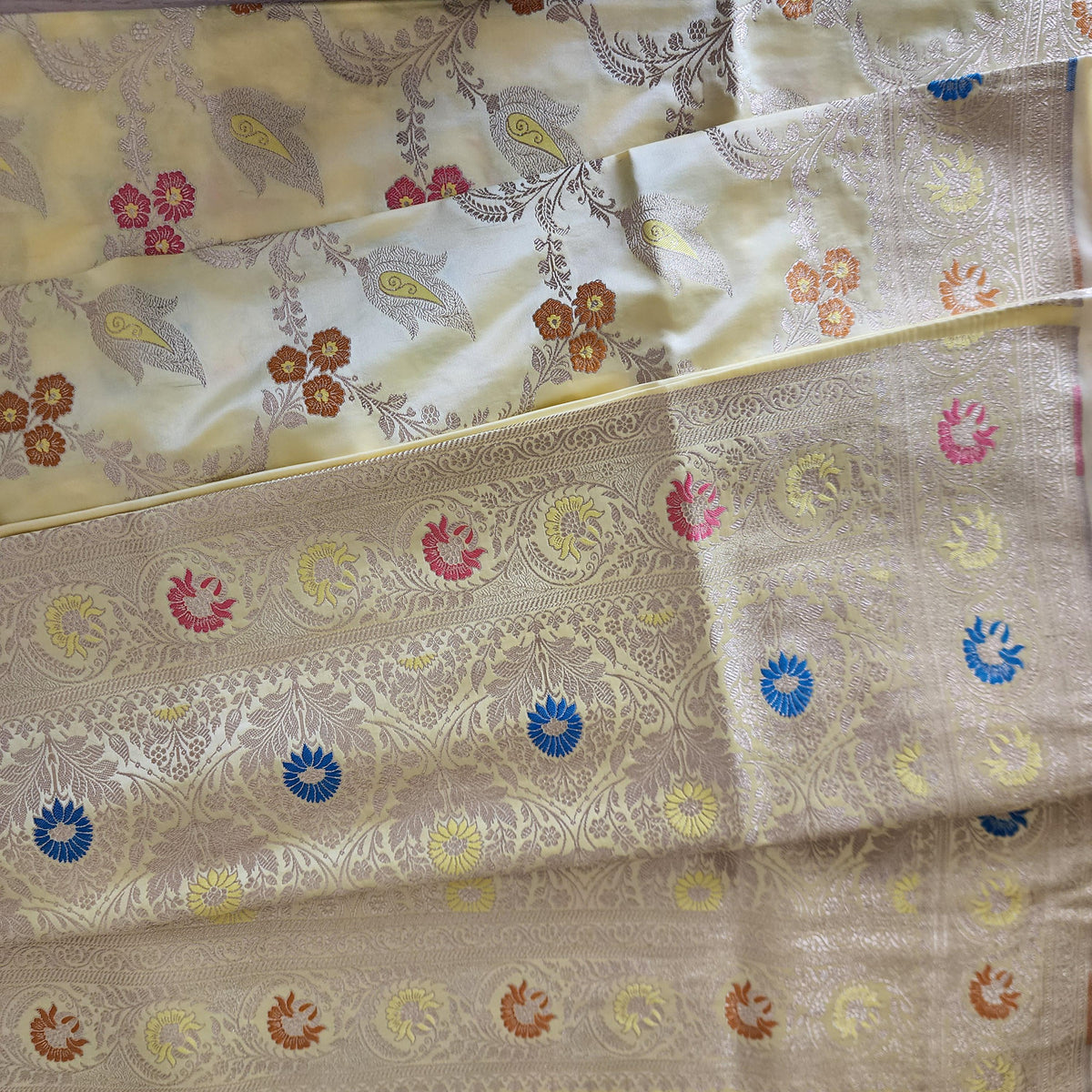 Enriched Butter Yellow Banarasi Katan Silk Saree with Multicolor Meenakari Floral Jaal