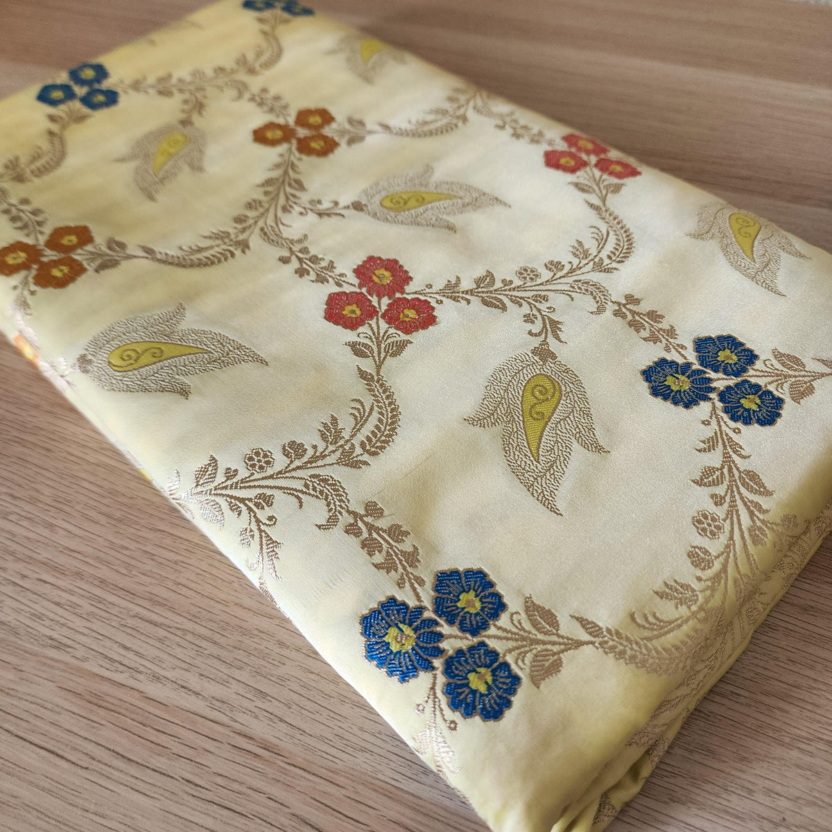 Enriched Butter Yellow Banarasi Katan Silk Saree with Multicolor Meenakari Floral Jaal
