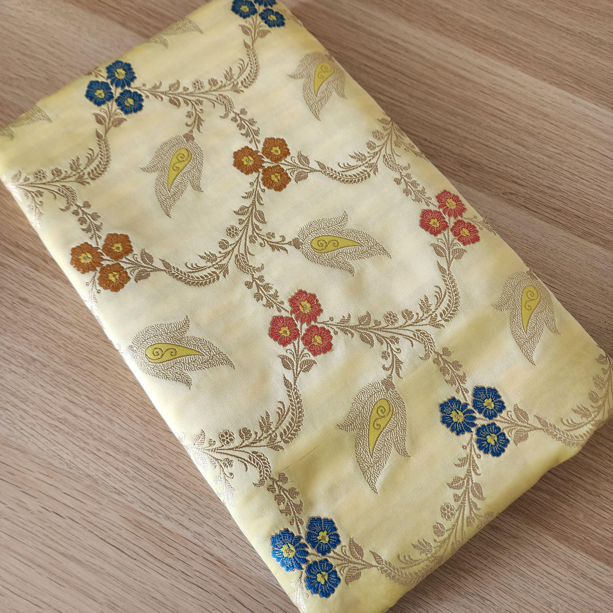 Enriched Butter Yellow Banarasi Katan Silk Saree with Multicolor Meenakari Floral Jaal
