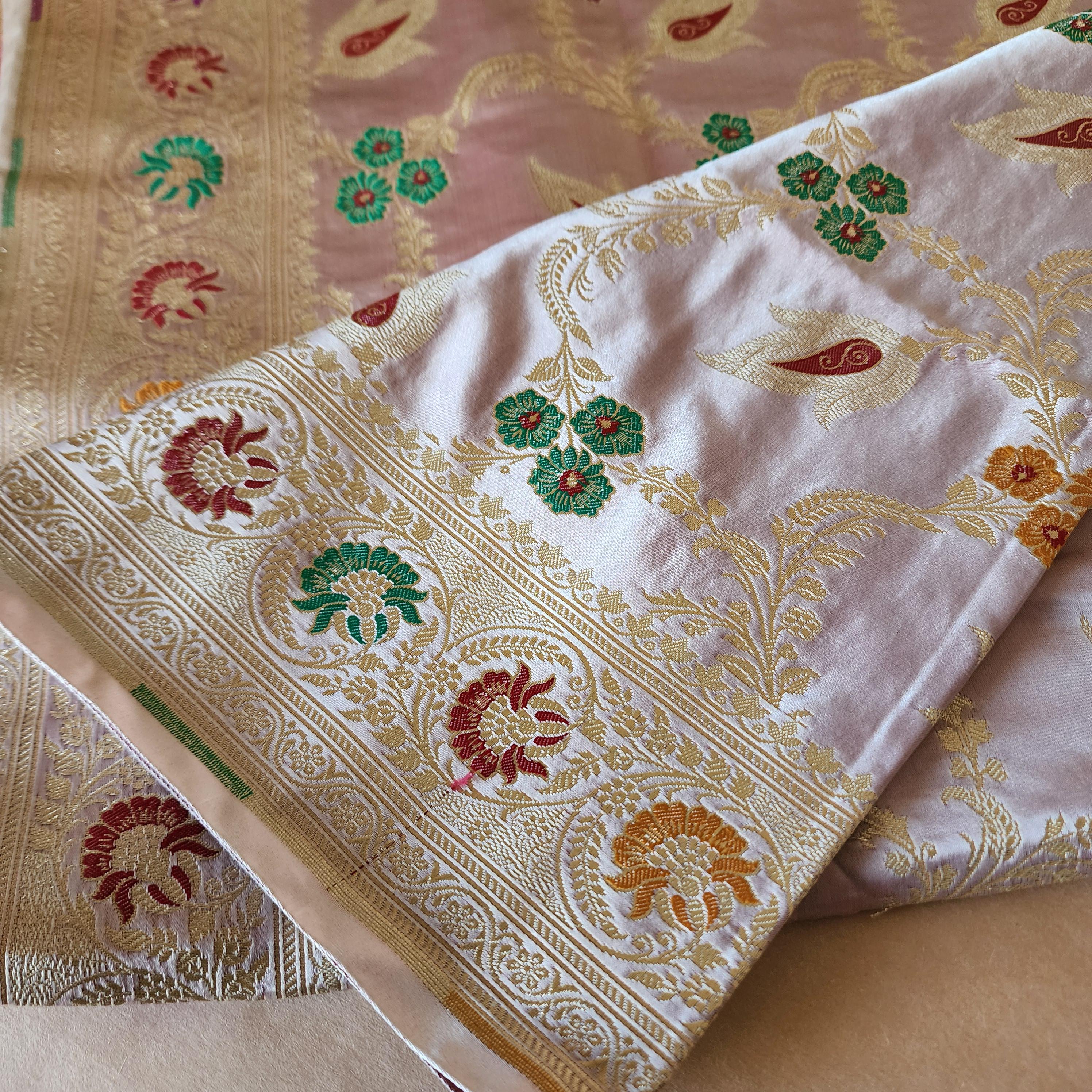 Enriched Lavender Pink Banarasi Katan Silk Saree with Multicolor Meenakari Floral Jaal