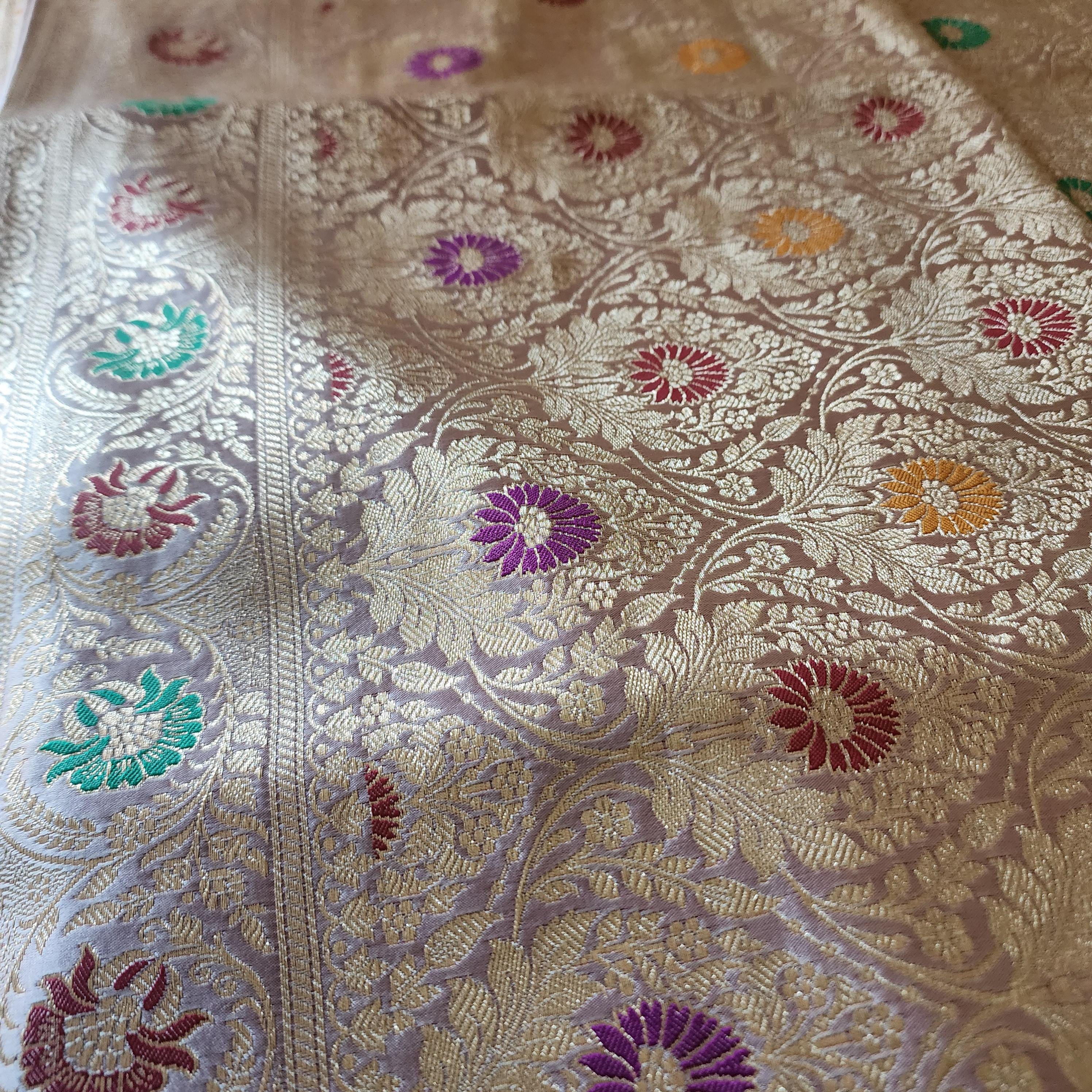 Enriched Lavender Pink Banarasi Katan Silk Saree with Multicolor Meenakari Floral Jaal