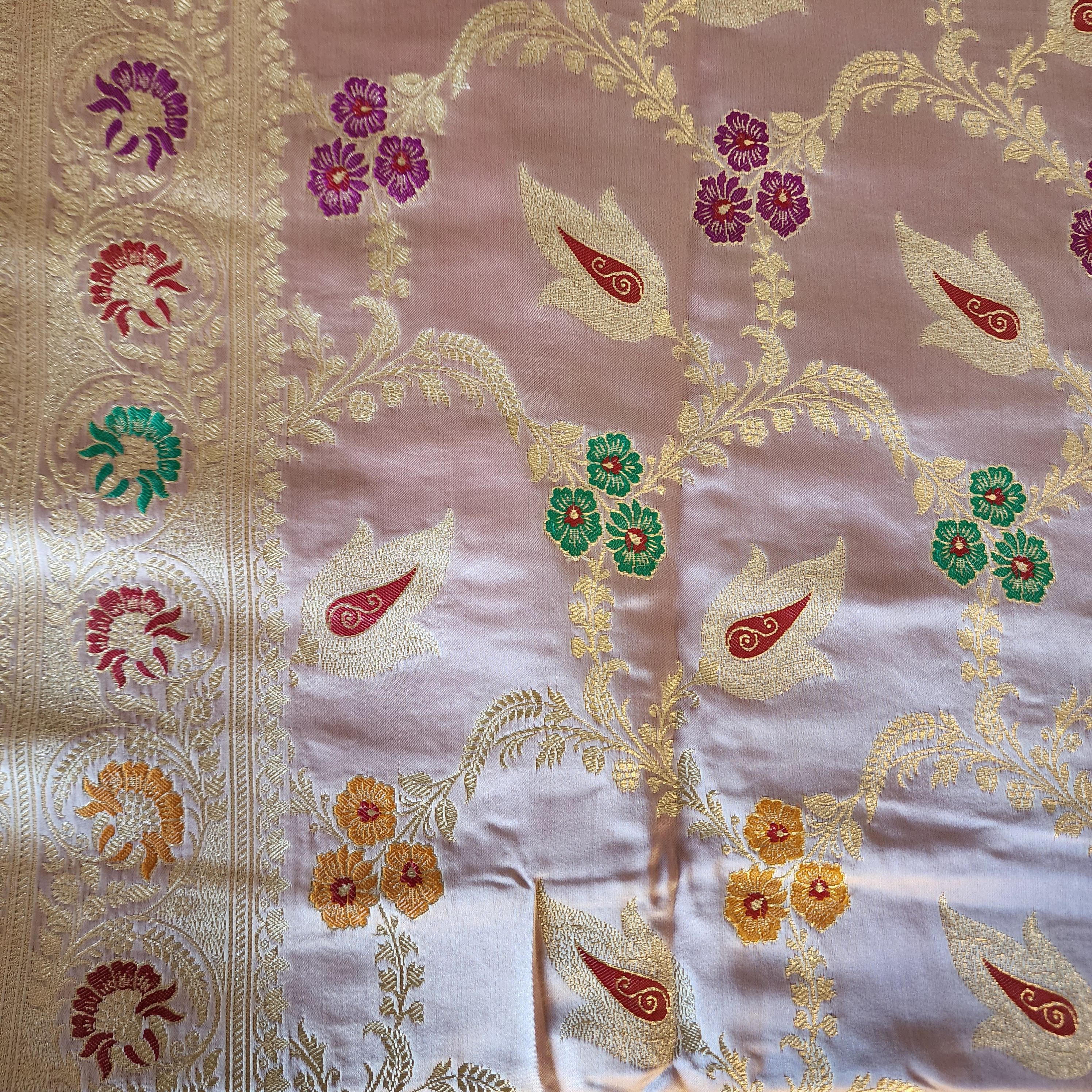 Enriched Lavender Pink Banarasi Katan Silk Saree with Multicolor Meenakari Floral Jaal