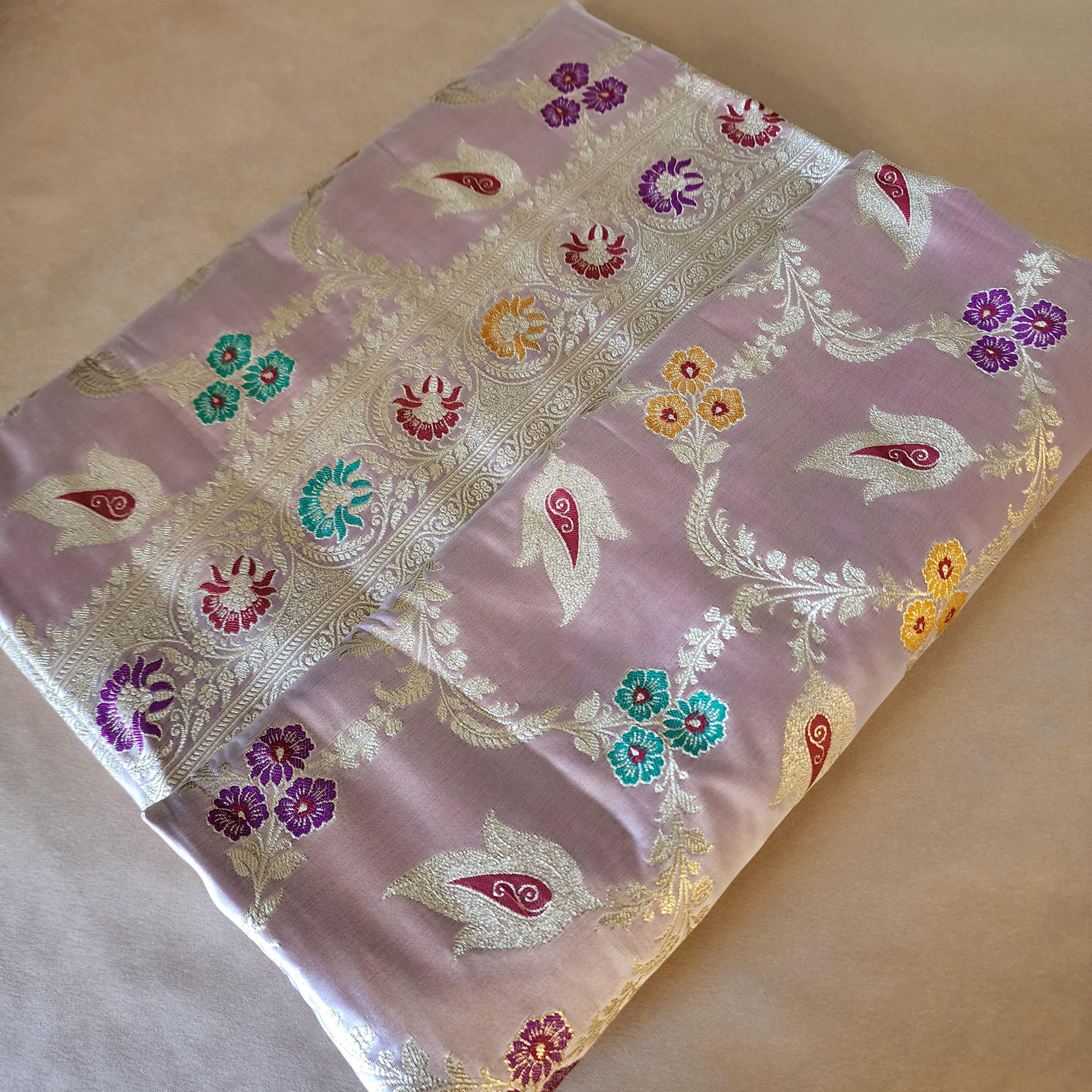 Enriched Lavender Pink Banarasi Katan Silk Saree with Multicolor Meenakari Floral Jaal