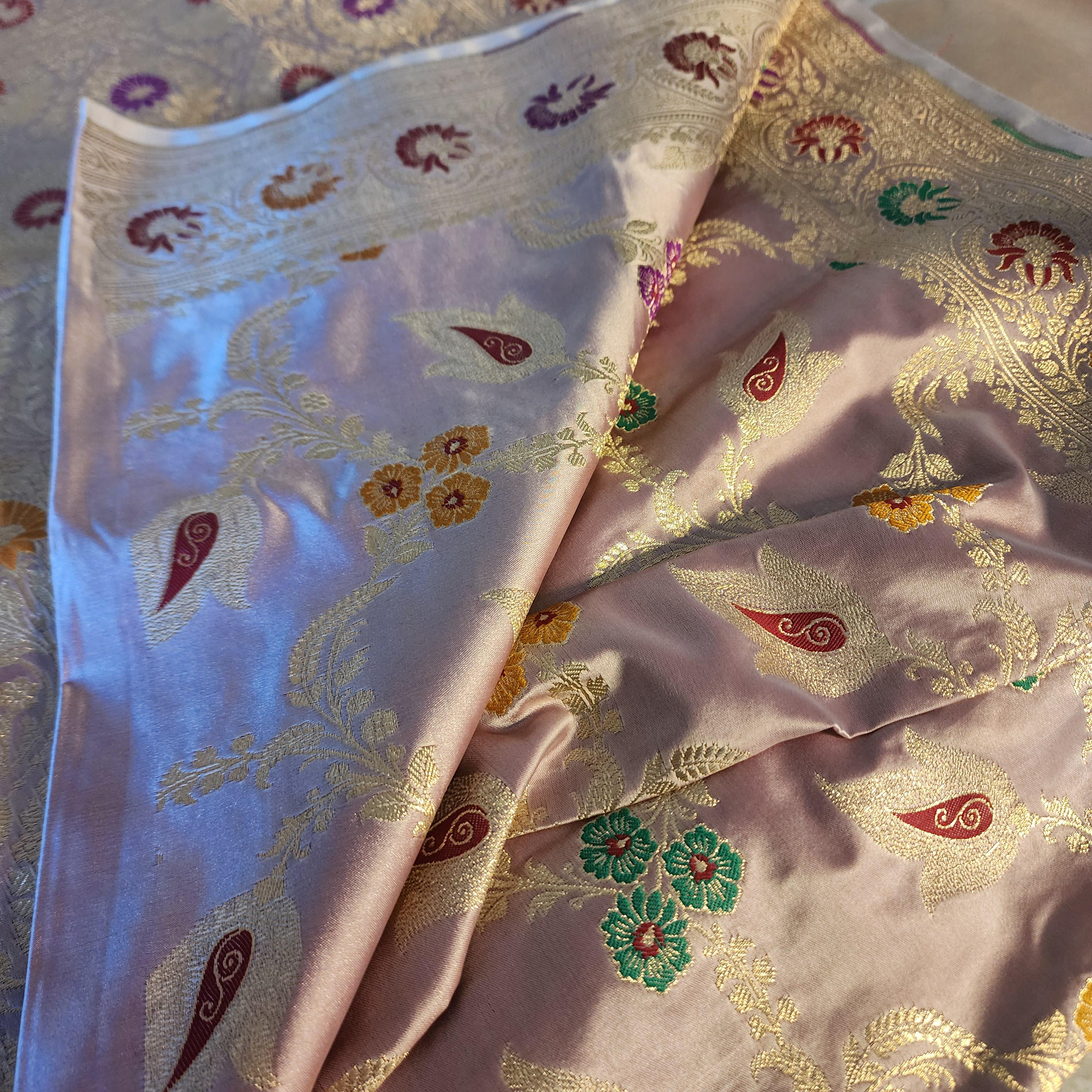 Enriched Lavender Pink Banarasi Katan Silk Saree with Multicolor Meenakari Floral Jaal