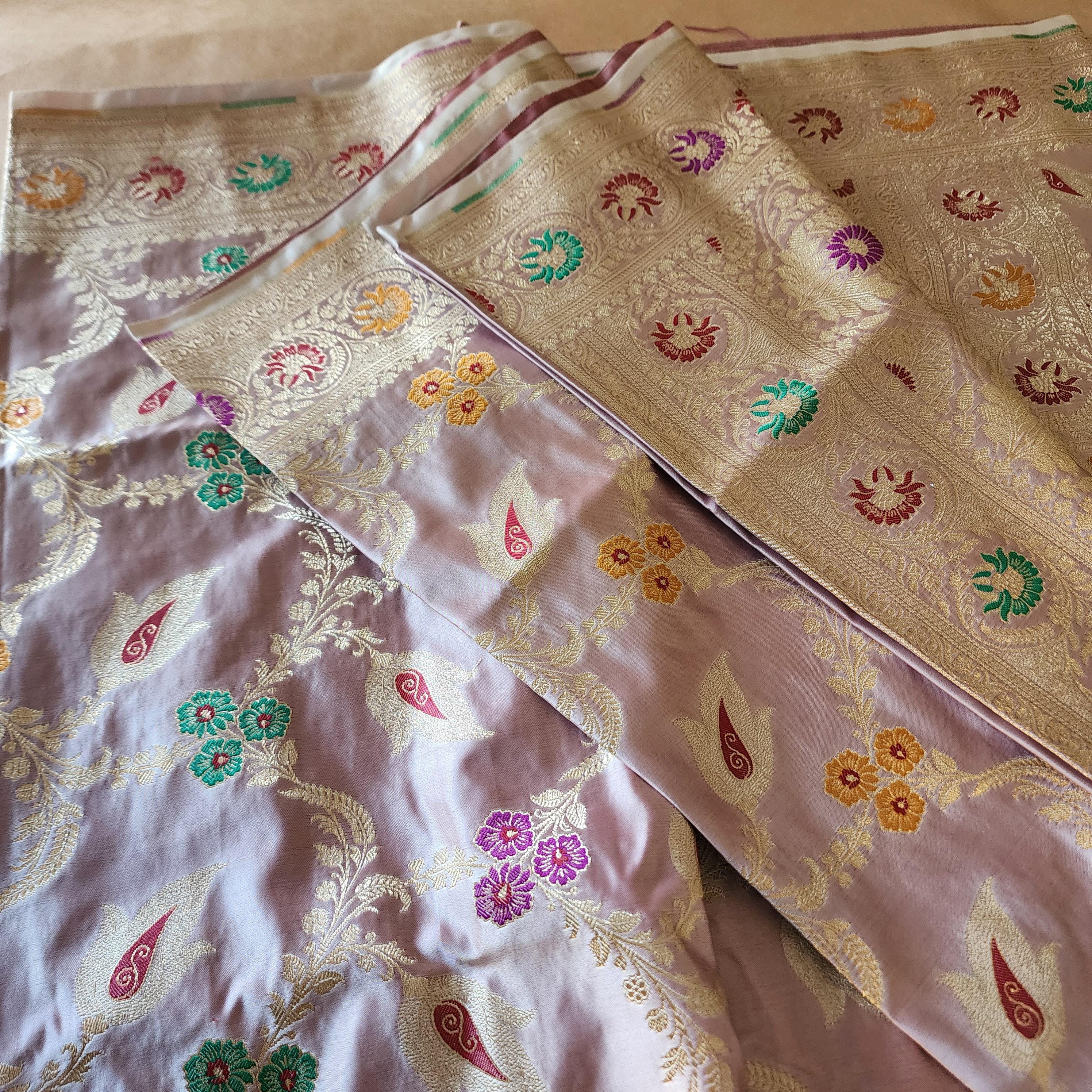 Enriched Lavender Pink Banarasi Katan Silk Saree with Multicolor Meenakari Floral Jaal