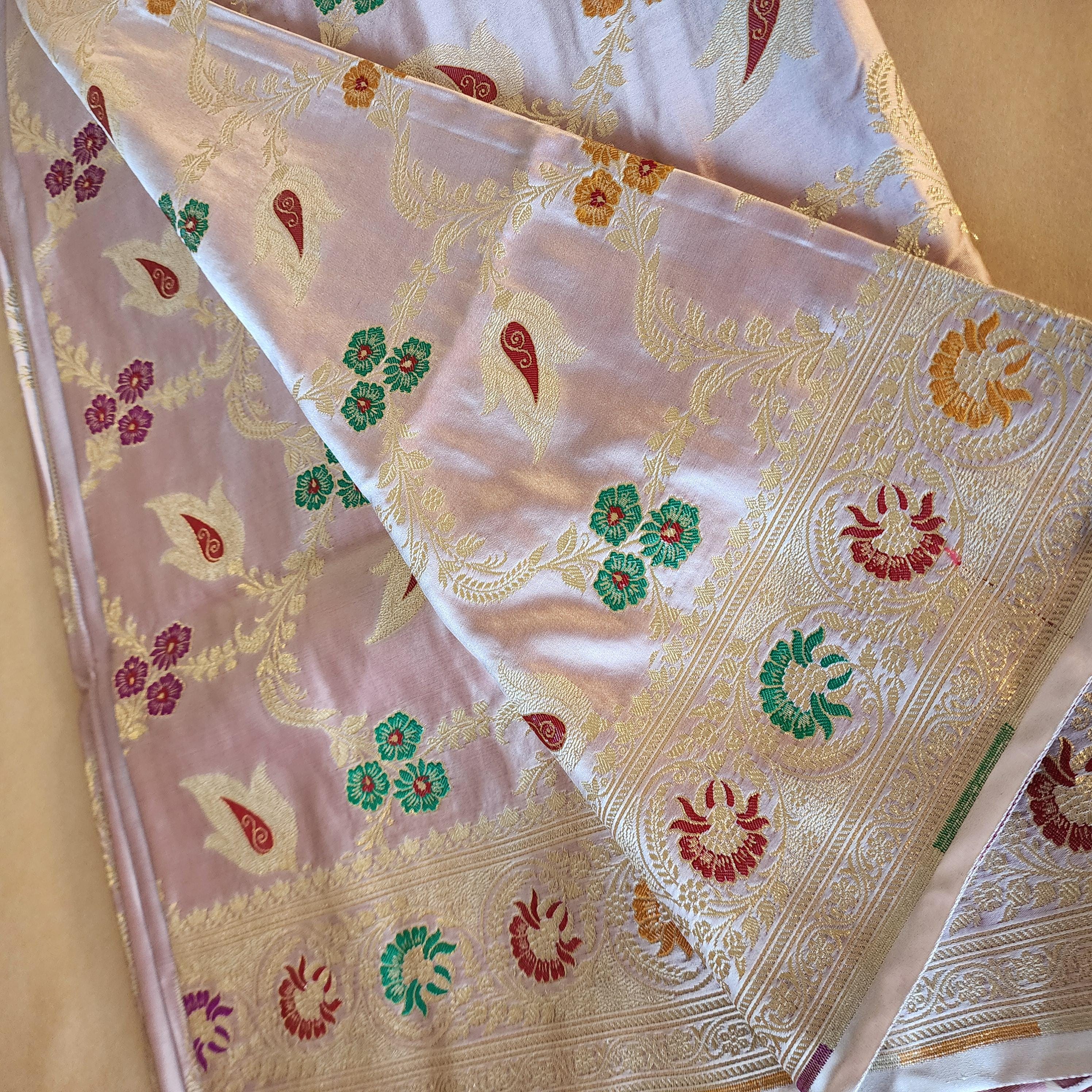 Enriched Lavender Pink Banarasi Katan Silk Saree with Multicolor Meenakari Floral Jaal