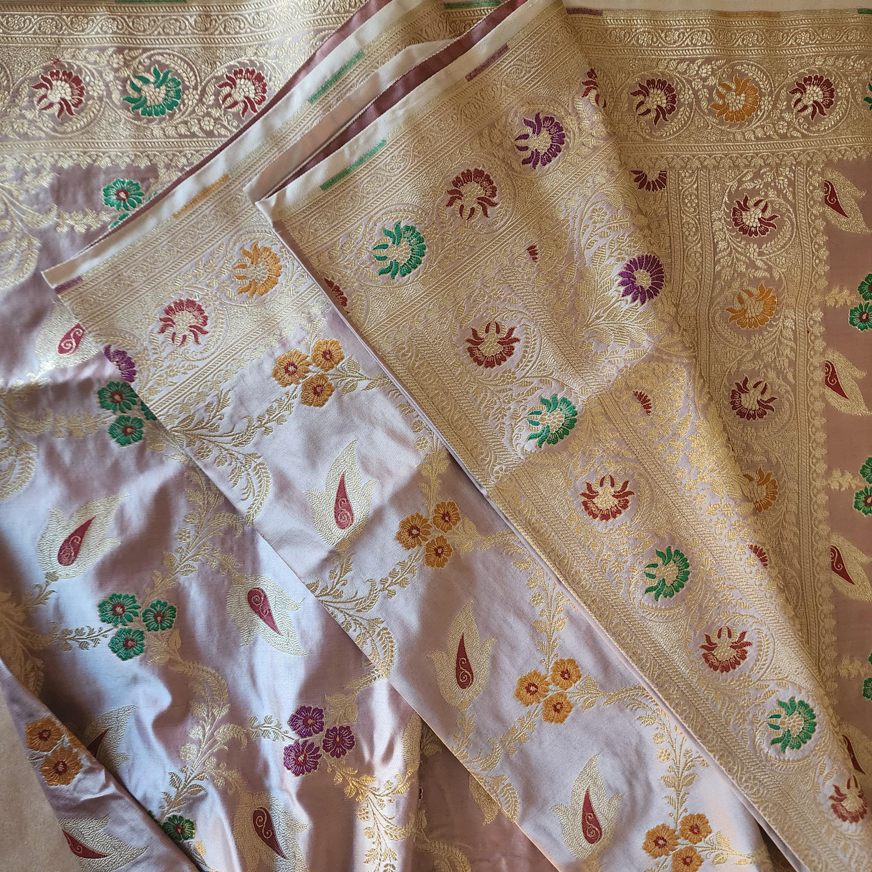 Enriched Lavender Pink Banarasi Katan Silk Saree with Multicolor Meenakari Floral Jaal