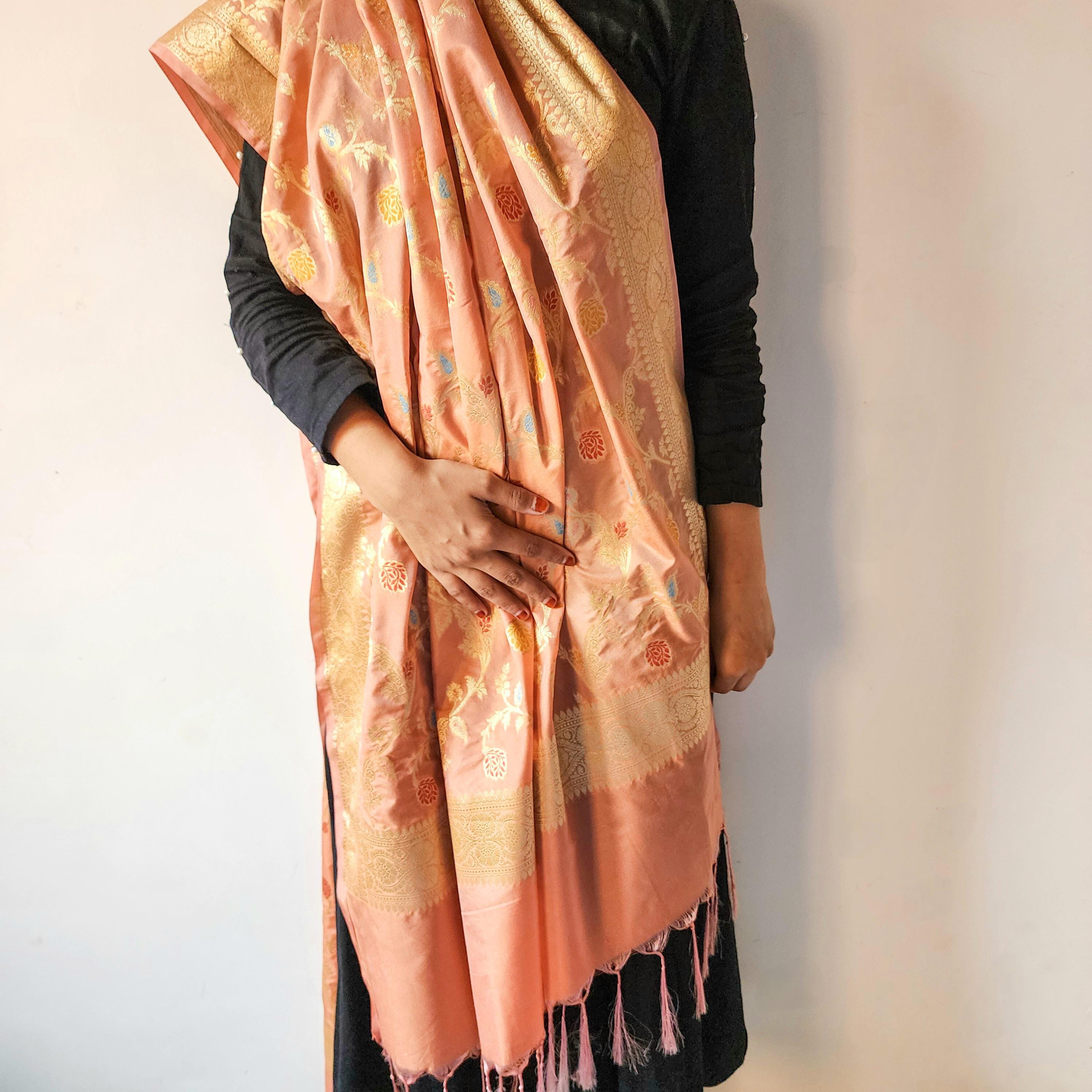 Peach Banarasi Silk Dupatta with Gold Zari Border & Multicolor Meenakari Work