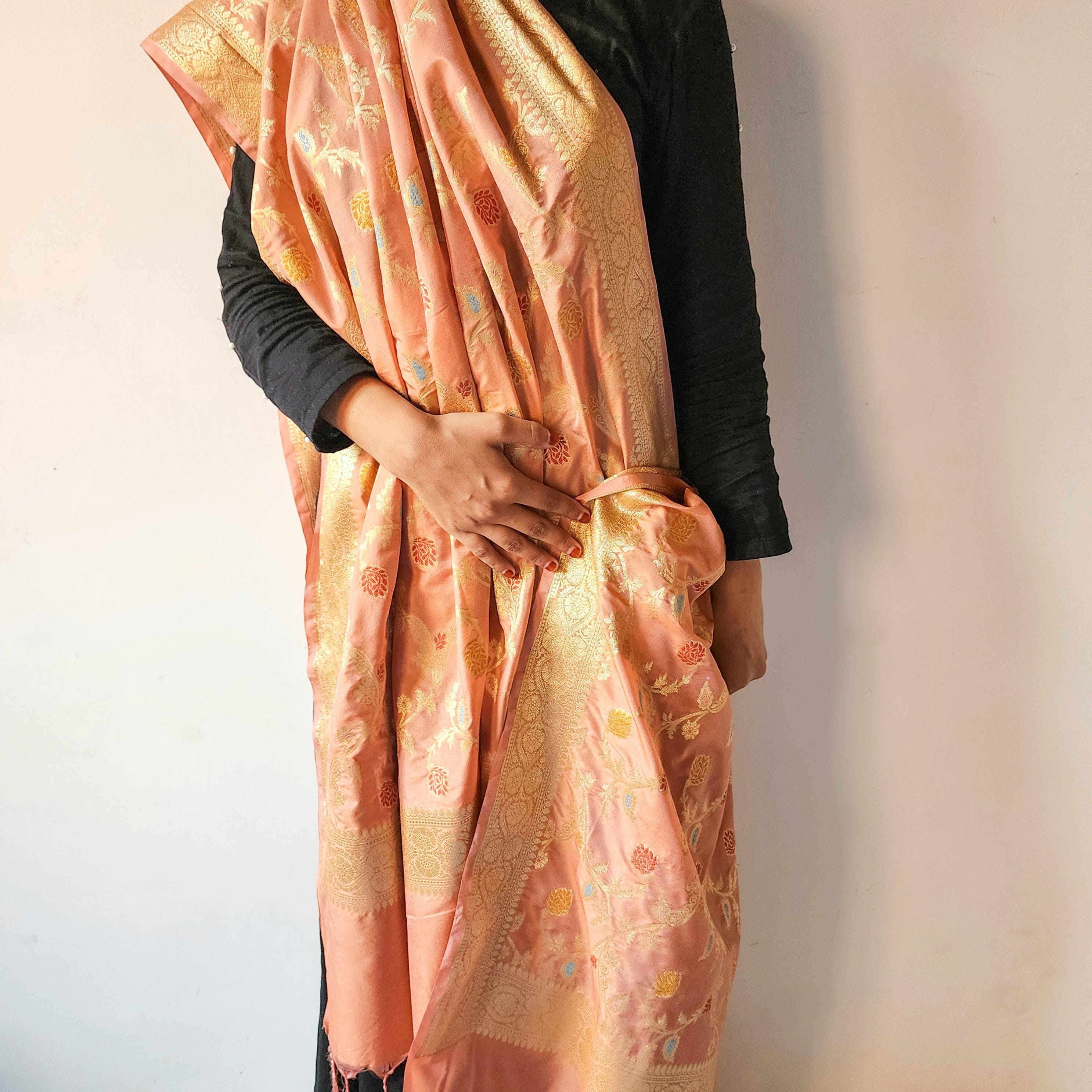 Peach Banarasi Silk Dupatta with Gold Zari Border & Multicolor Meenakari Work