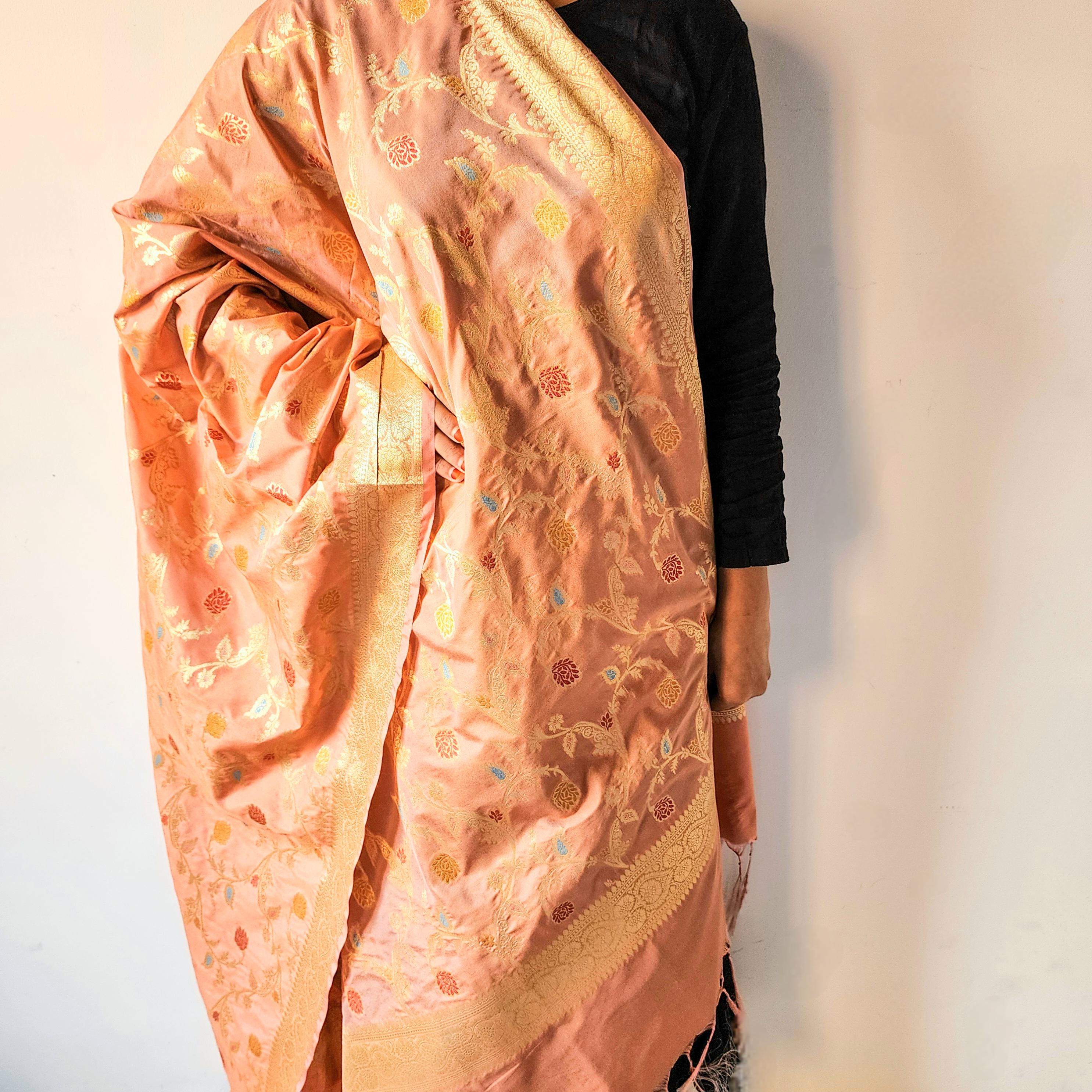 Peach Banarasi Silk Dupatta with Gold Zari Border & Multicolor Meenakari Work