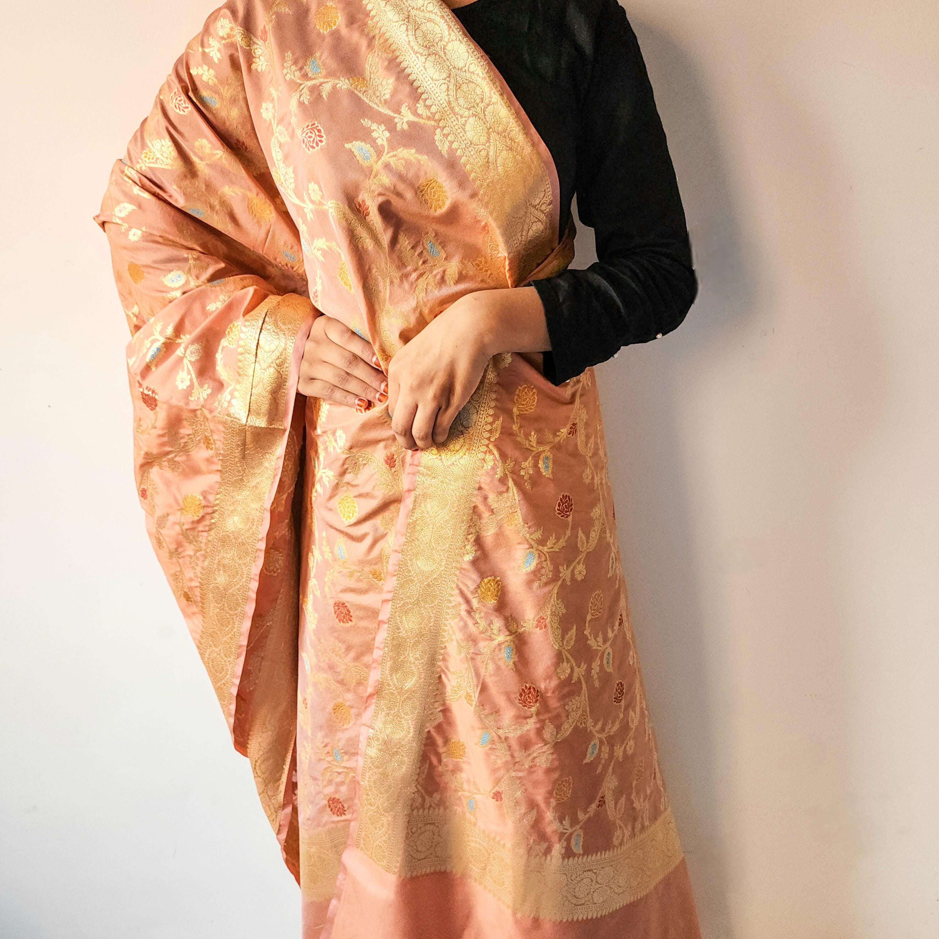 Peach Banarasi Silk Dupatta with Gold Zari Border & Multicolor Meenakari Work