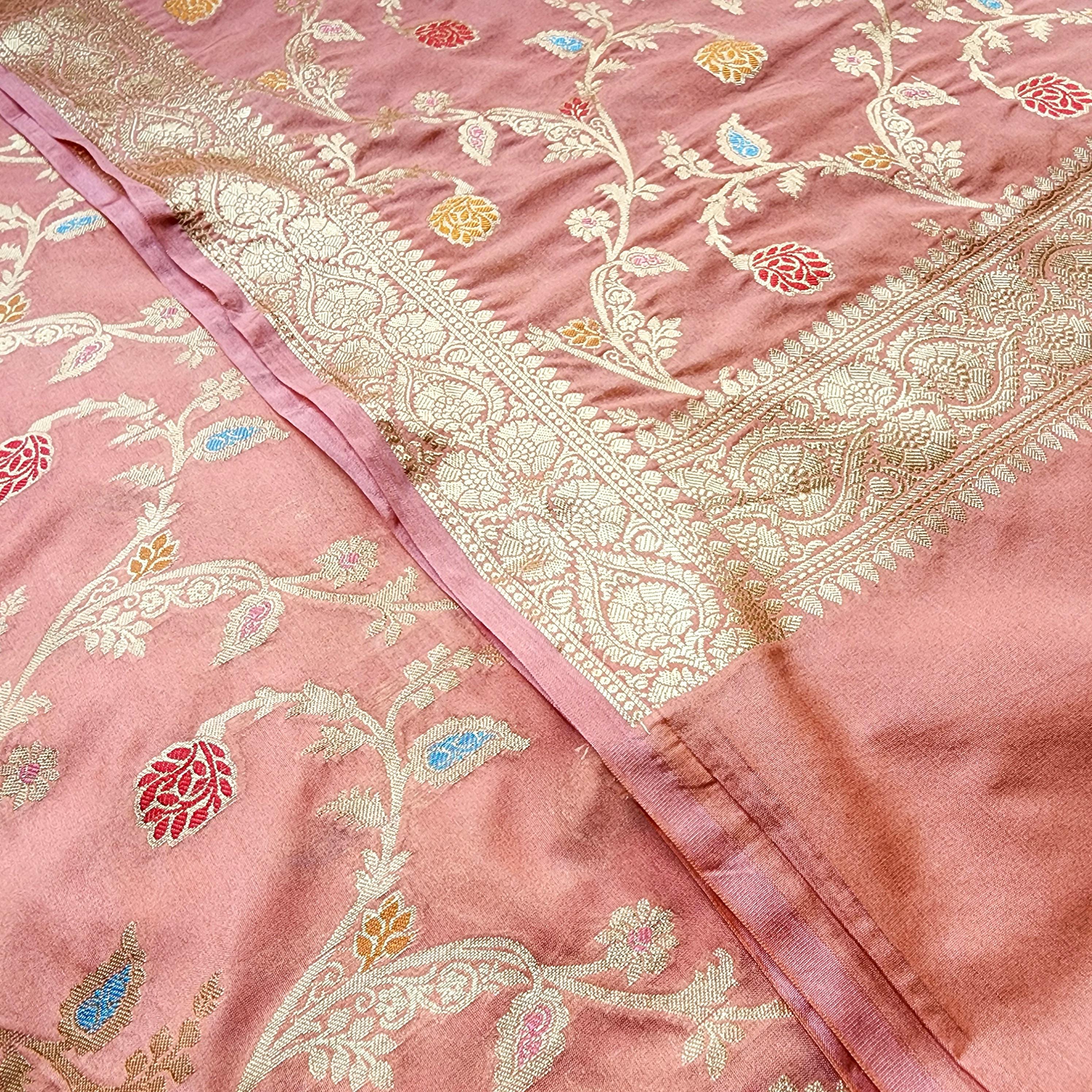 Peach Banarasi Silk Dupatta with Gold Zari Border & Multicolor Meenakari Work