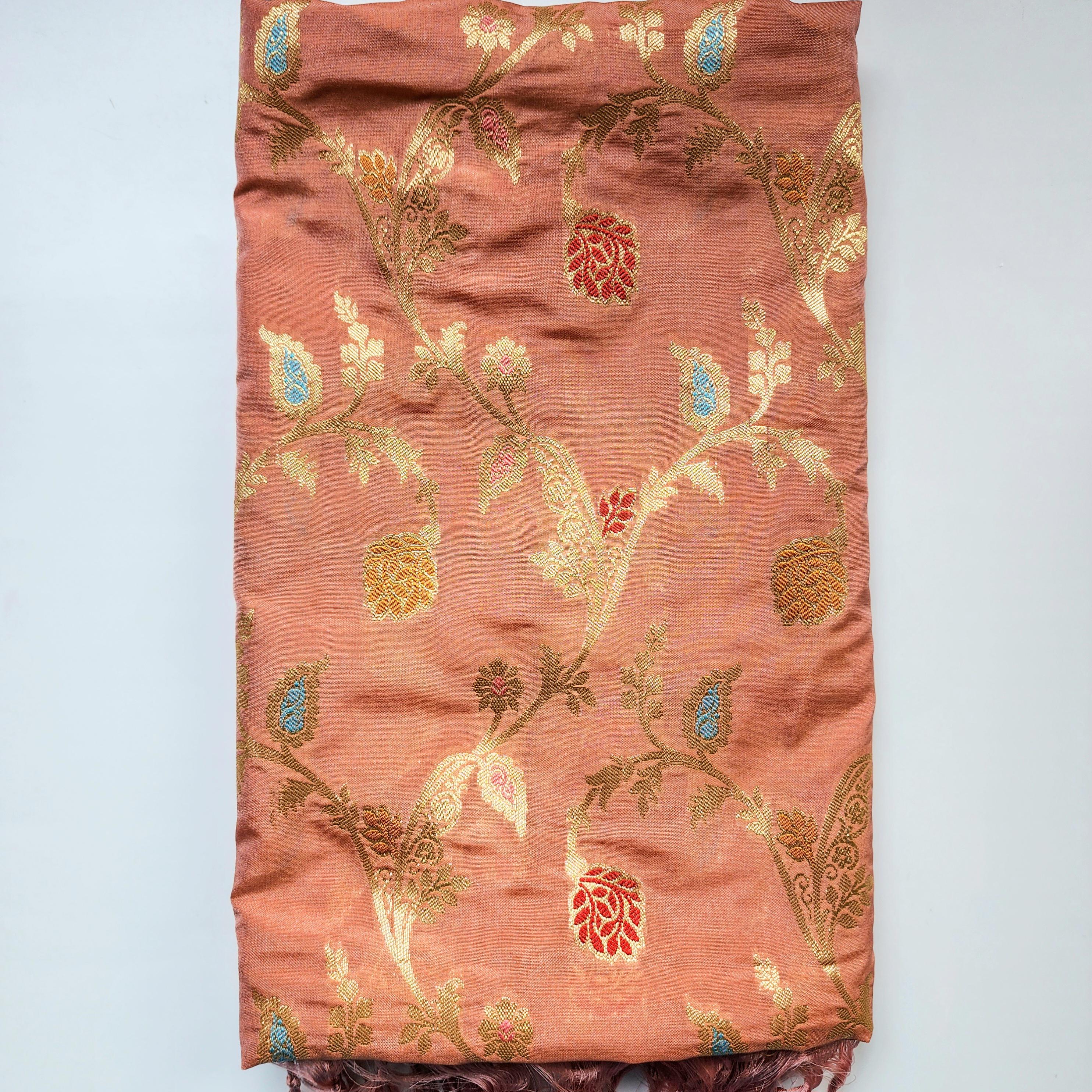 Peach Banarasi Silk Dupatta with Gold Zari Border and Multicolor Meenakari Design