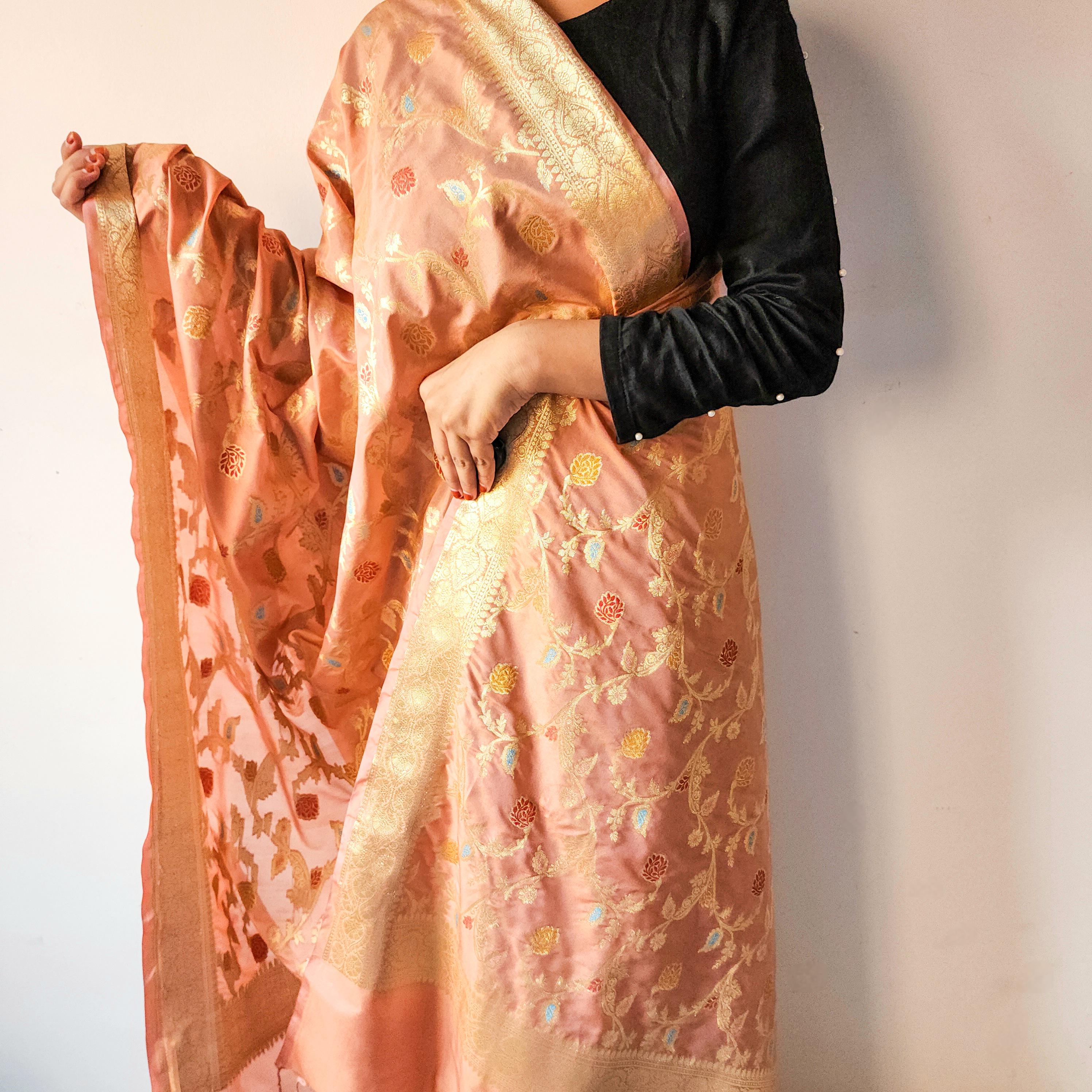 Peach Banarasi Silk Dupatta with Gold Zari Border and Multicolor Meenakari Design
