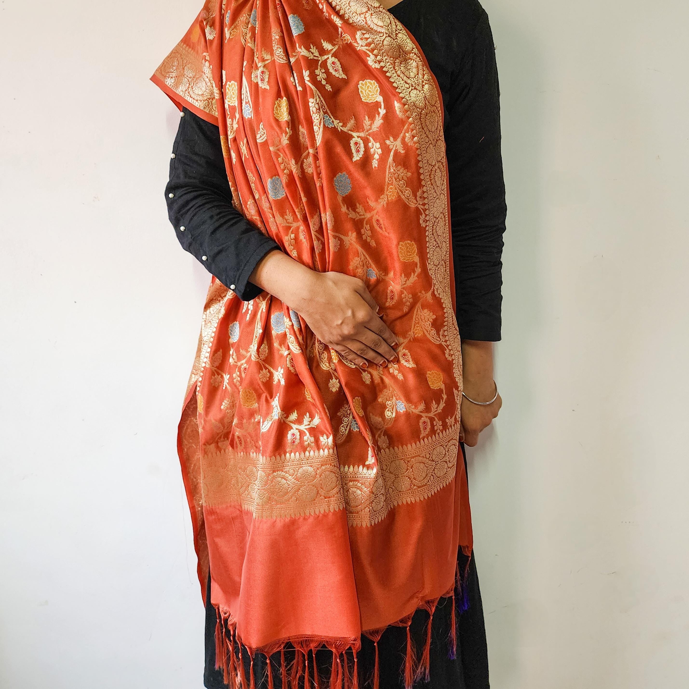 Rust Orange Banarasi Silk Dupatta with Gold Zari Border & Multicolor Meenakari Work