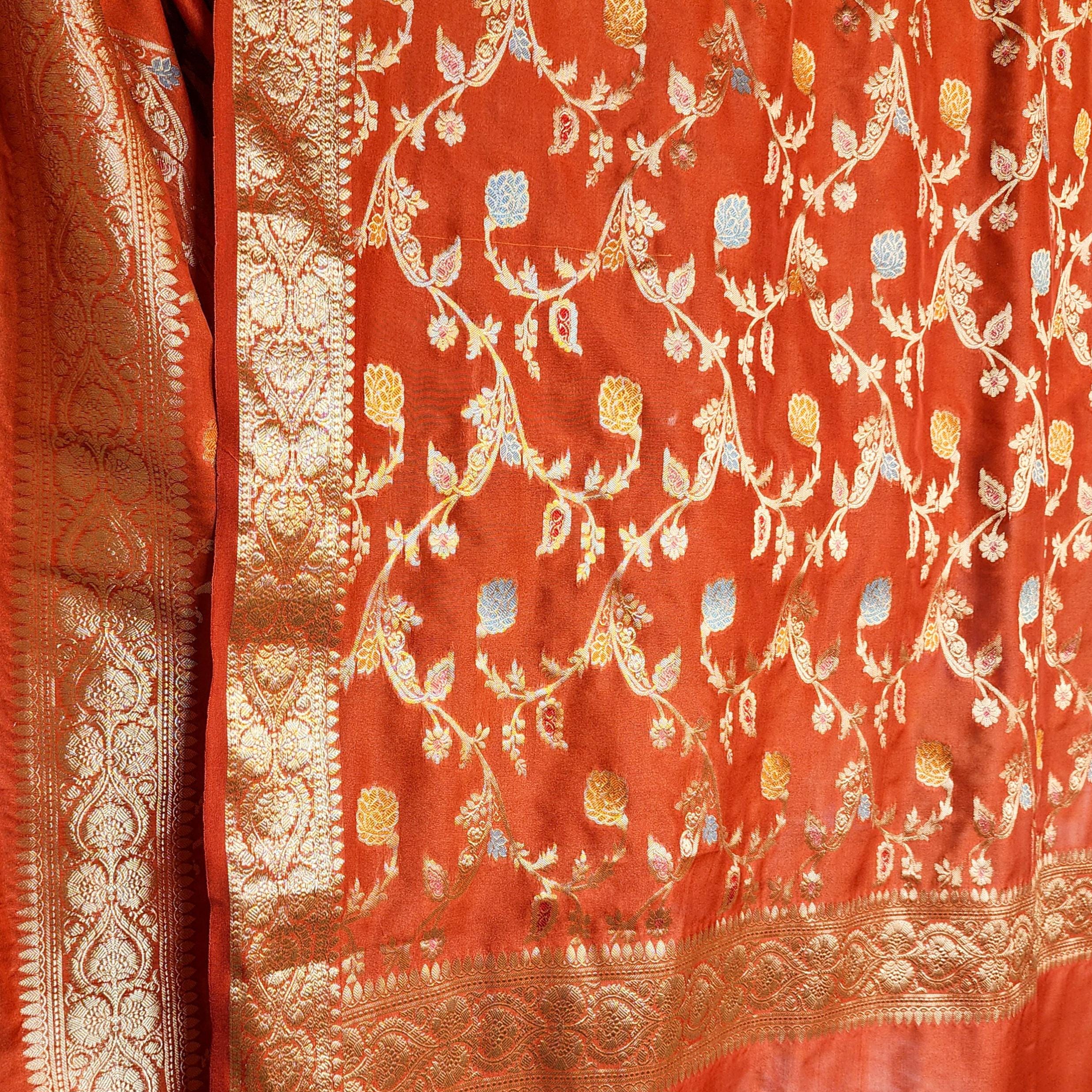 Rust Orange Banarasi Silk Dupatta with Gold Zari Border & Multicolor Meenakari Work