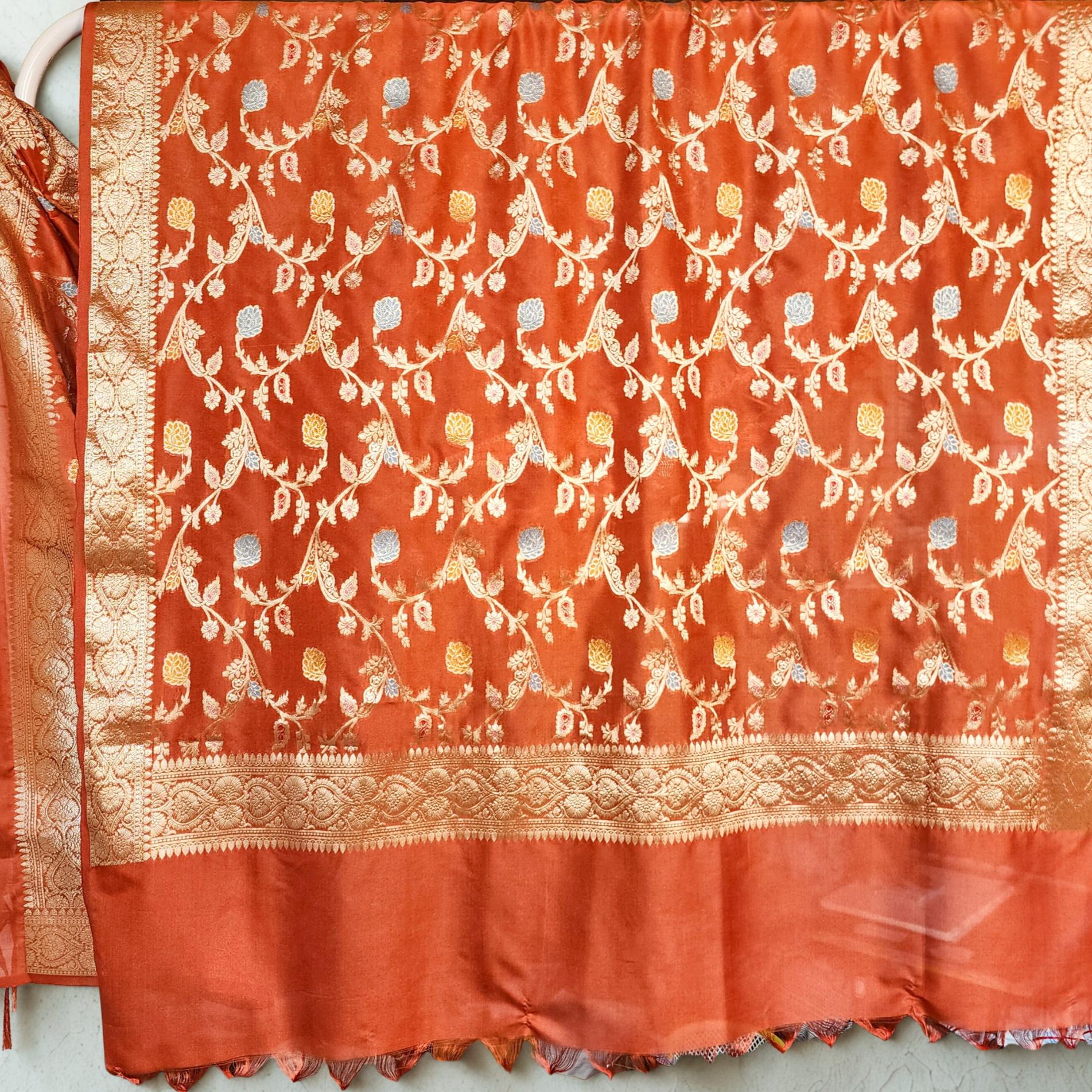 Rust Orange Banarasi Silk Dupatta with Gold Zari Border & Multicolor Meenakari Work
