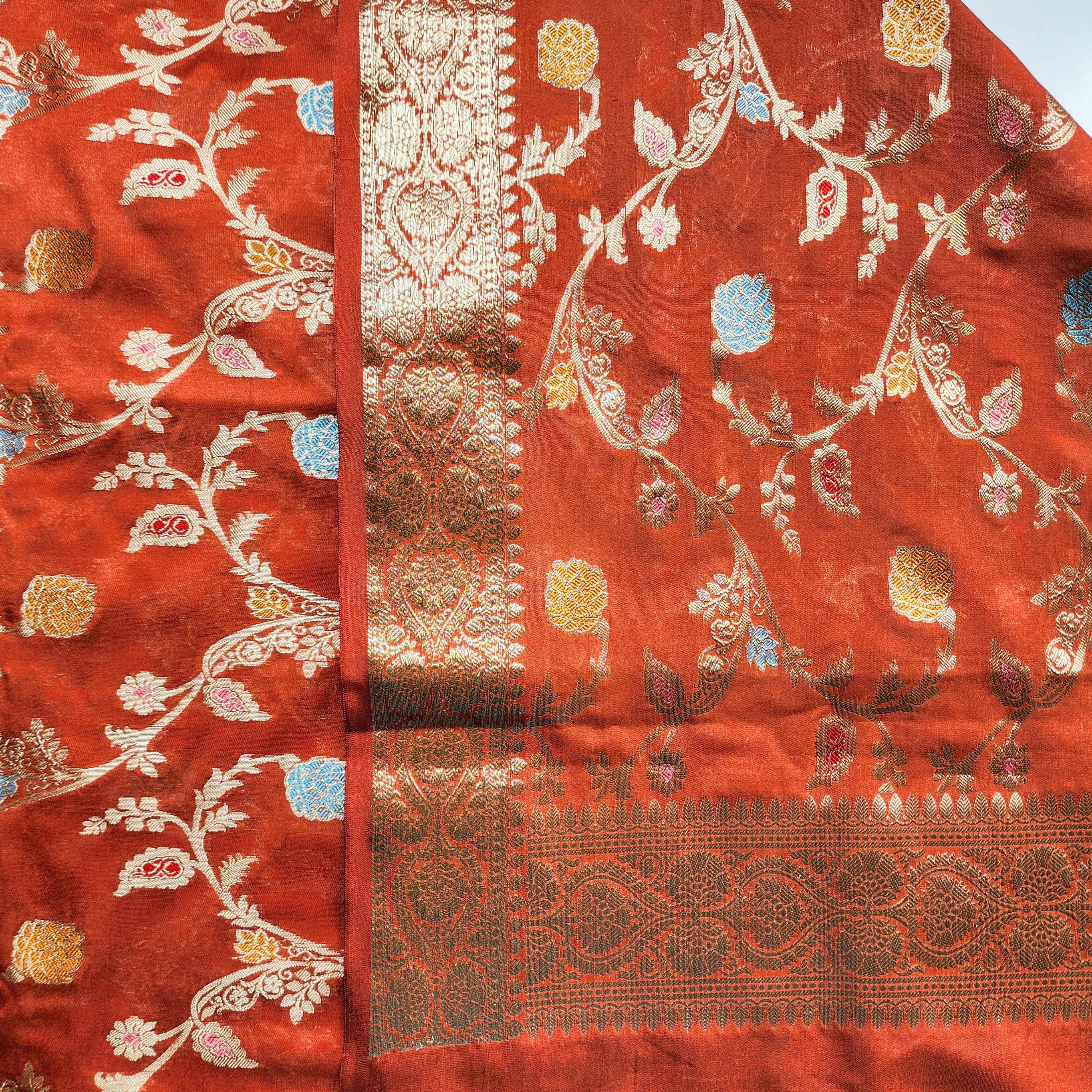 Rust Orange Banarasi Silk Dupatta with Gold Zari Border & Multicolor Meenakari Work