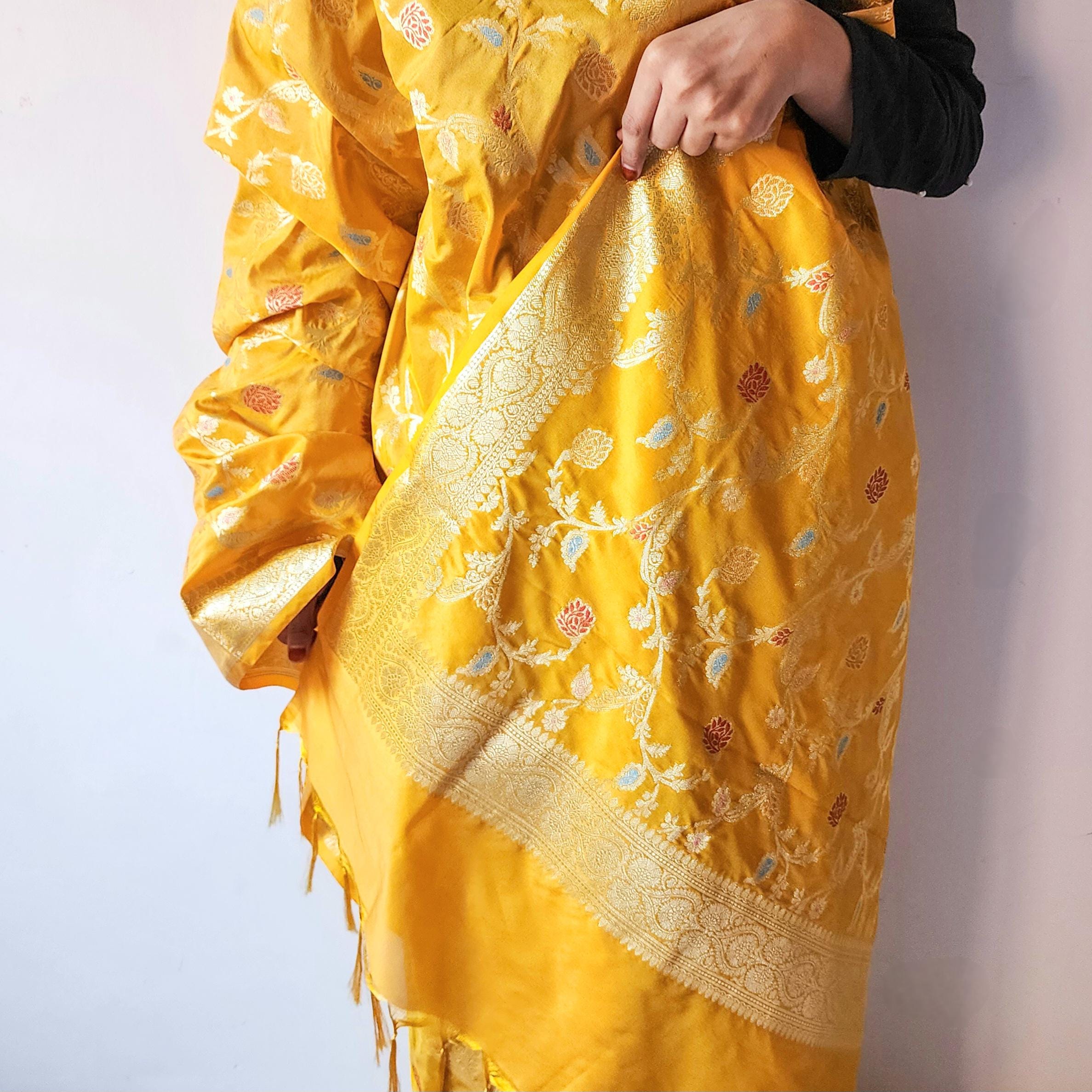 Golden Yellow Banarasi Silk Dupatta with Gold Zari Border & Multicolor Meenakari Work